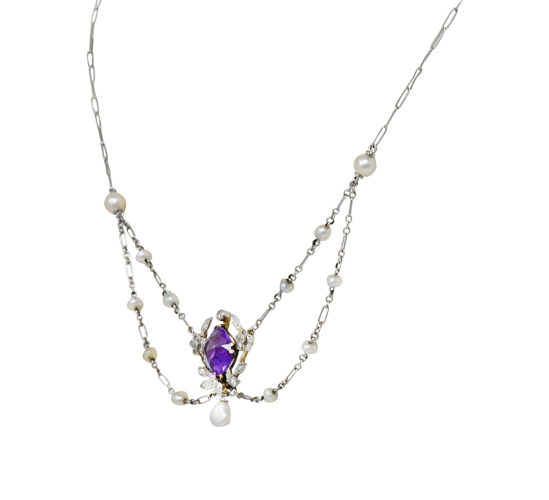 Edwardian Amethyst Diamond Pearl Platinum-Topped 18 Karat Gold Swag NecklaceNecklace - Wilson's Estate Jewelry