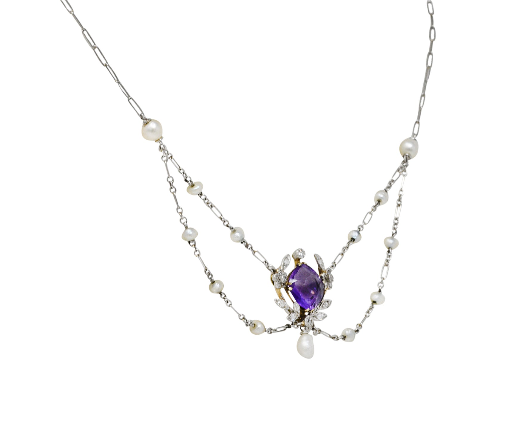 Edwardian Amethyst Diamond Pearl Platinum-Topped 18 Karat Gold Swag NecklaceNecklace - Wilson's Estate Jewelry