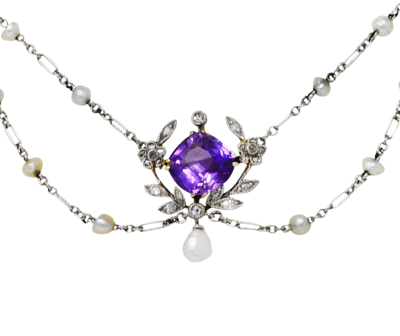 Edwardian Amethyst Diamond Pearl Platinum-Topped 18 Karat Gold Swag NecklaceNecklace - Wilson's Estate Jewelry