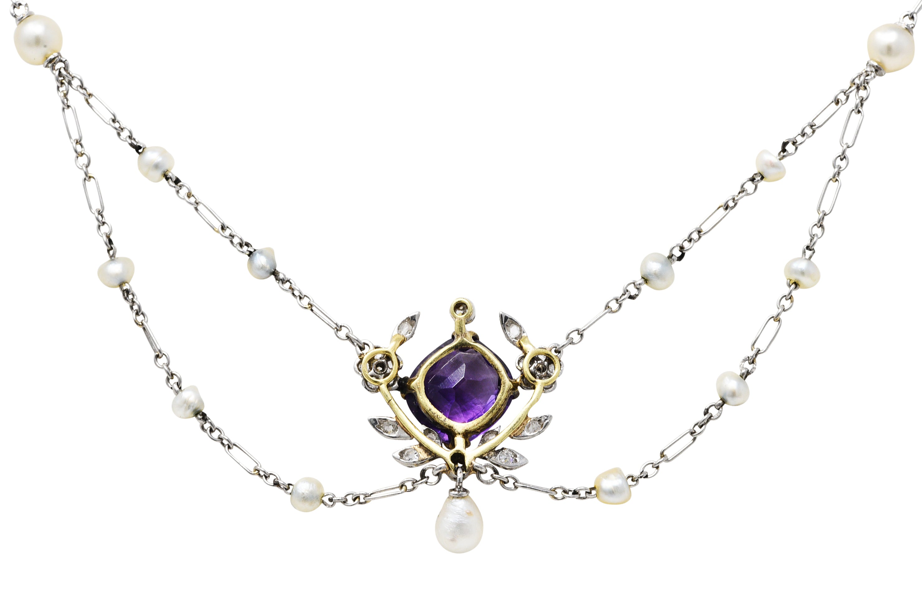 Edwardian Amethyst Diamond Pearl Platinum-Topped 18 Karat Gold Swag NecklaceNecklace - Wilson's Estate Jewelry