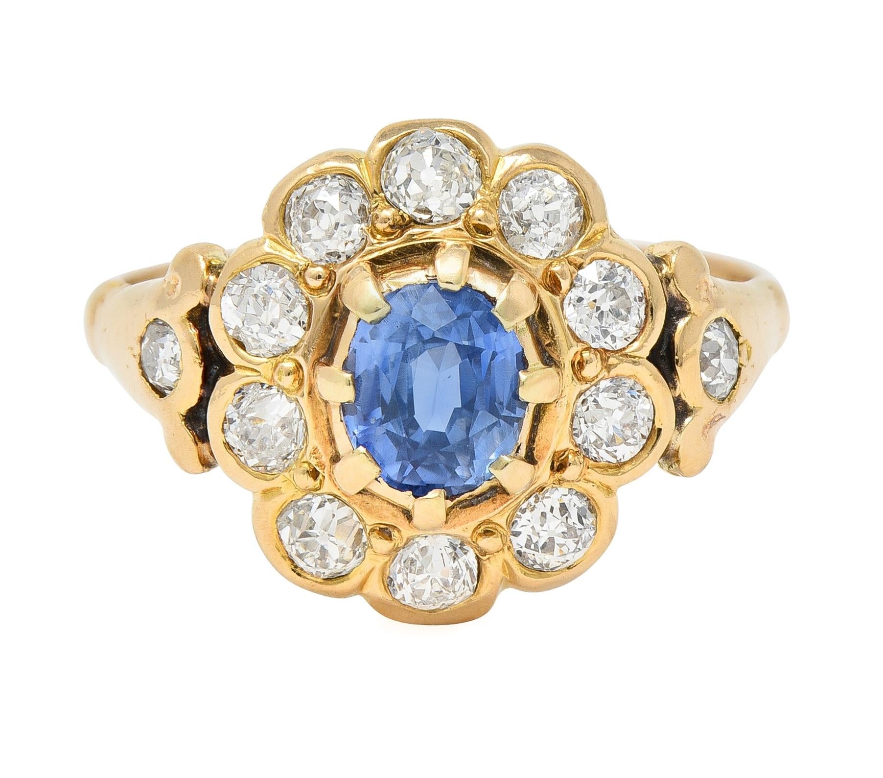 Victorian 1.37 CTW Sapphire Diamond 14 Karat Yellow Gold Antique Halo Ring