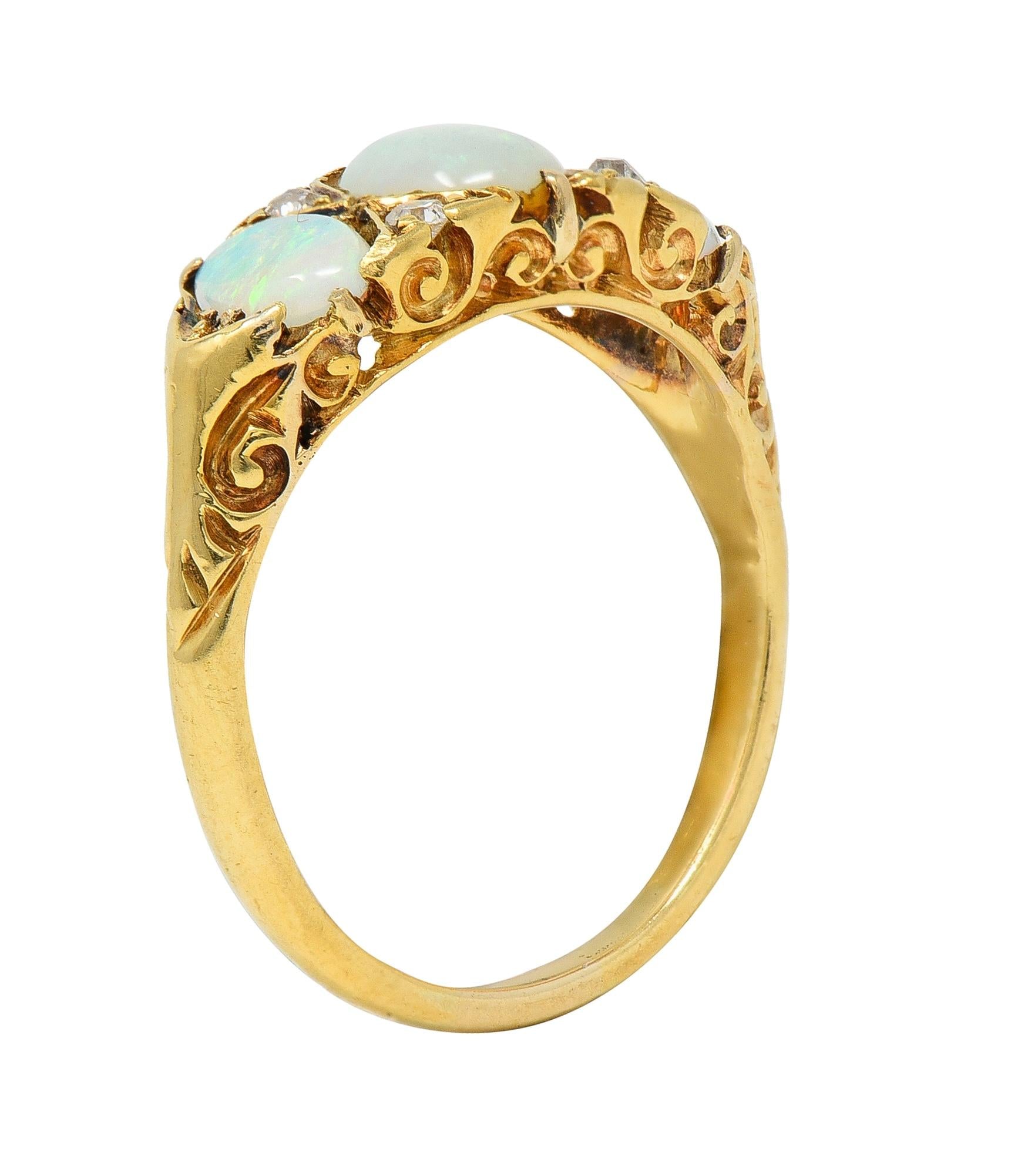 Victorian Opal Diamond 18 Karat Yellow Gold Antique Three Stone Band Ring