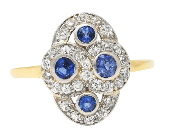 Edwardian 1.40 CTW Sapphire Diamond Platinum-Topped 14 Karat Yellow Gold Antique Quatrefoil Dinner Ring Wilson's Estate Jewelry