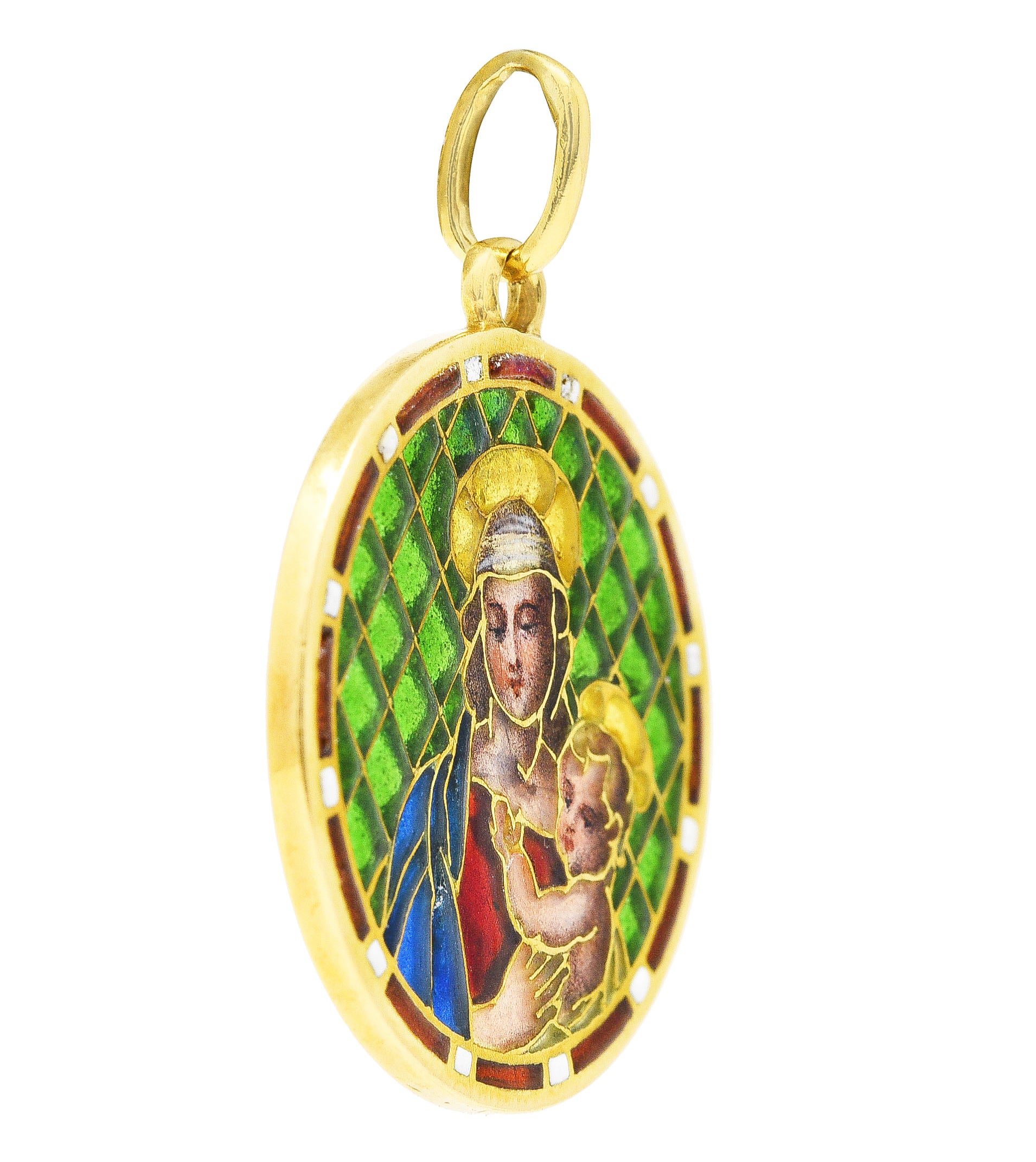 French Art Nouveau Plique-A-Jour Enamel 18 Karat Yellow Gold Madonna And Child Antique Pendant Wilson's Estate Jewelry