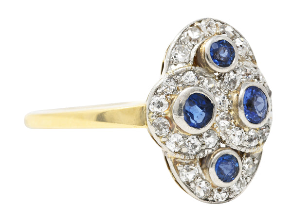 Edwardian 1.40 CTW Sapphire Diamond Platinum-Topped 14 Karat Yellow Gold Antique Quatrefoil Dinner Ring Wilson's Estate Jewelry