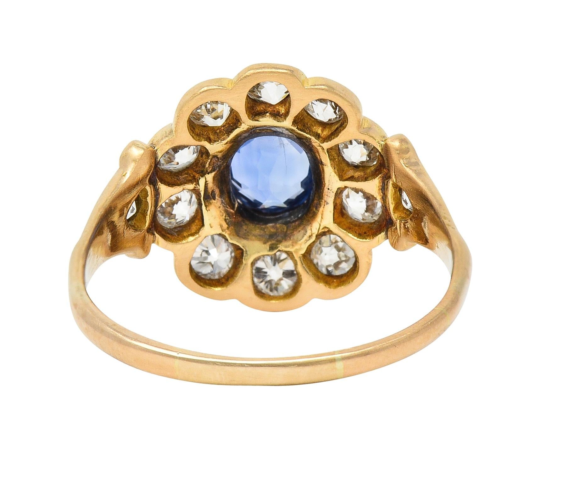 Victorian 1.37 CTW Sapphire Diamond 14 Karat Yellow Gold Antique Halo Ring