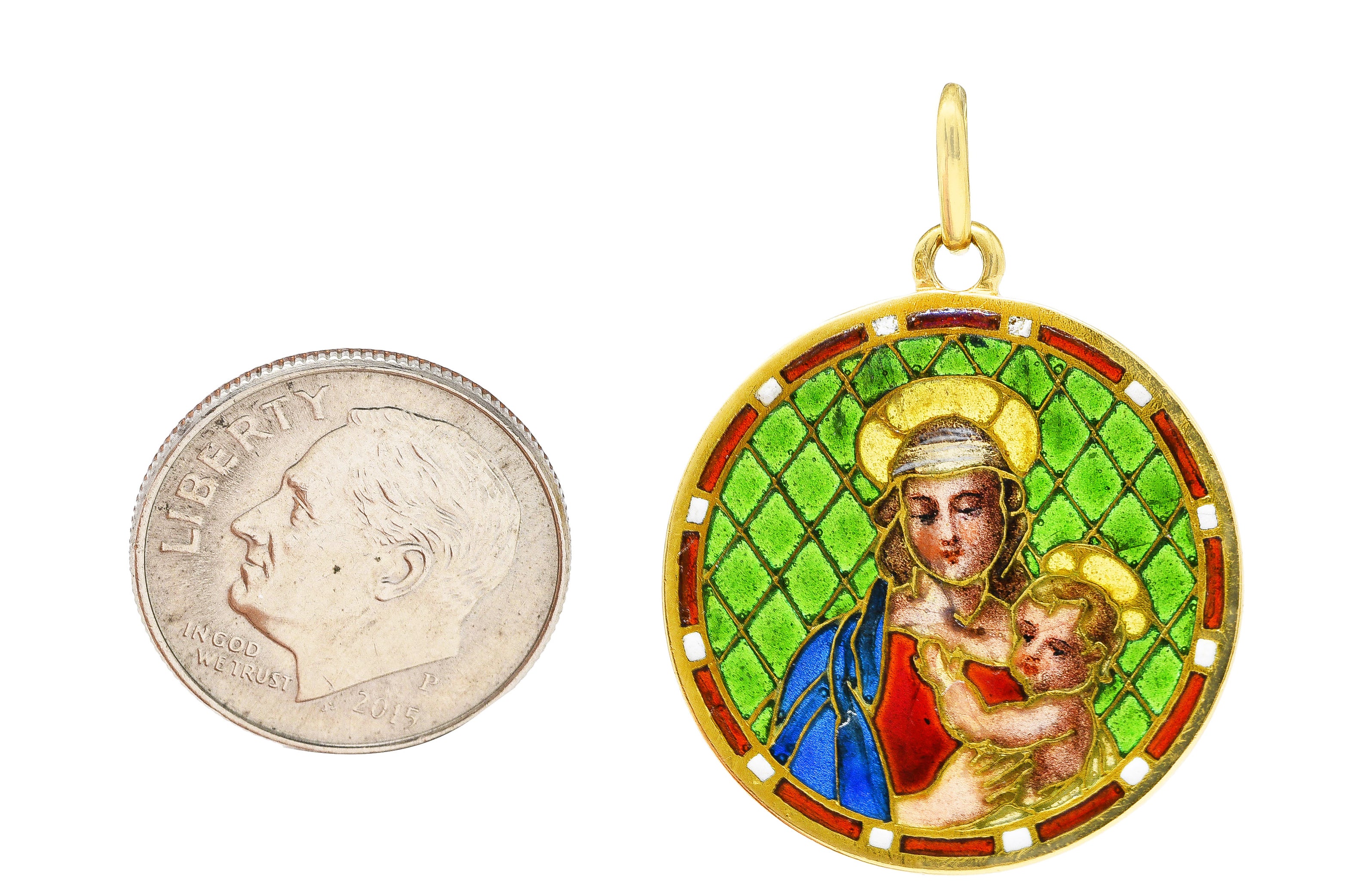 French Art Nouveau Plique-A-Jour Enamel 18 Karat Yellow Gold Madonna And Child Antique Pendant Wilson's Estate Jewelry