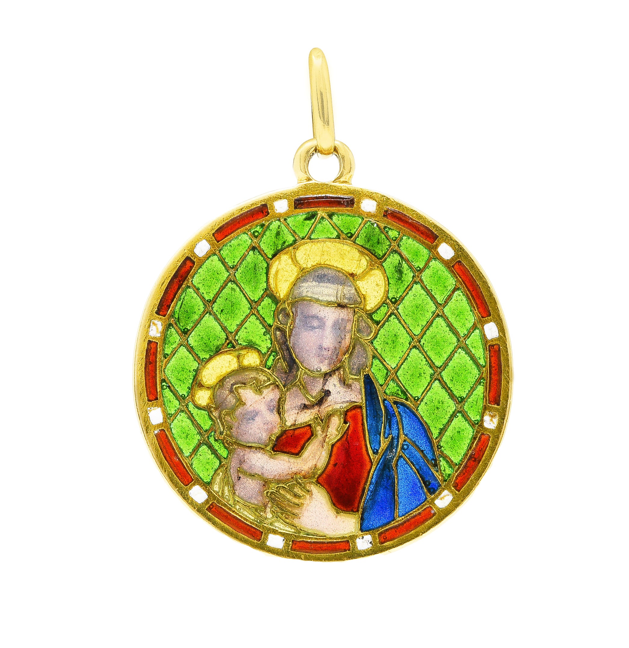 French Art Nouveau Plique-A-Jour Enamel 18 Karat Yellow Gold Madonna And Child Antique Pendant Wilson's Estate Jewelry