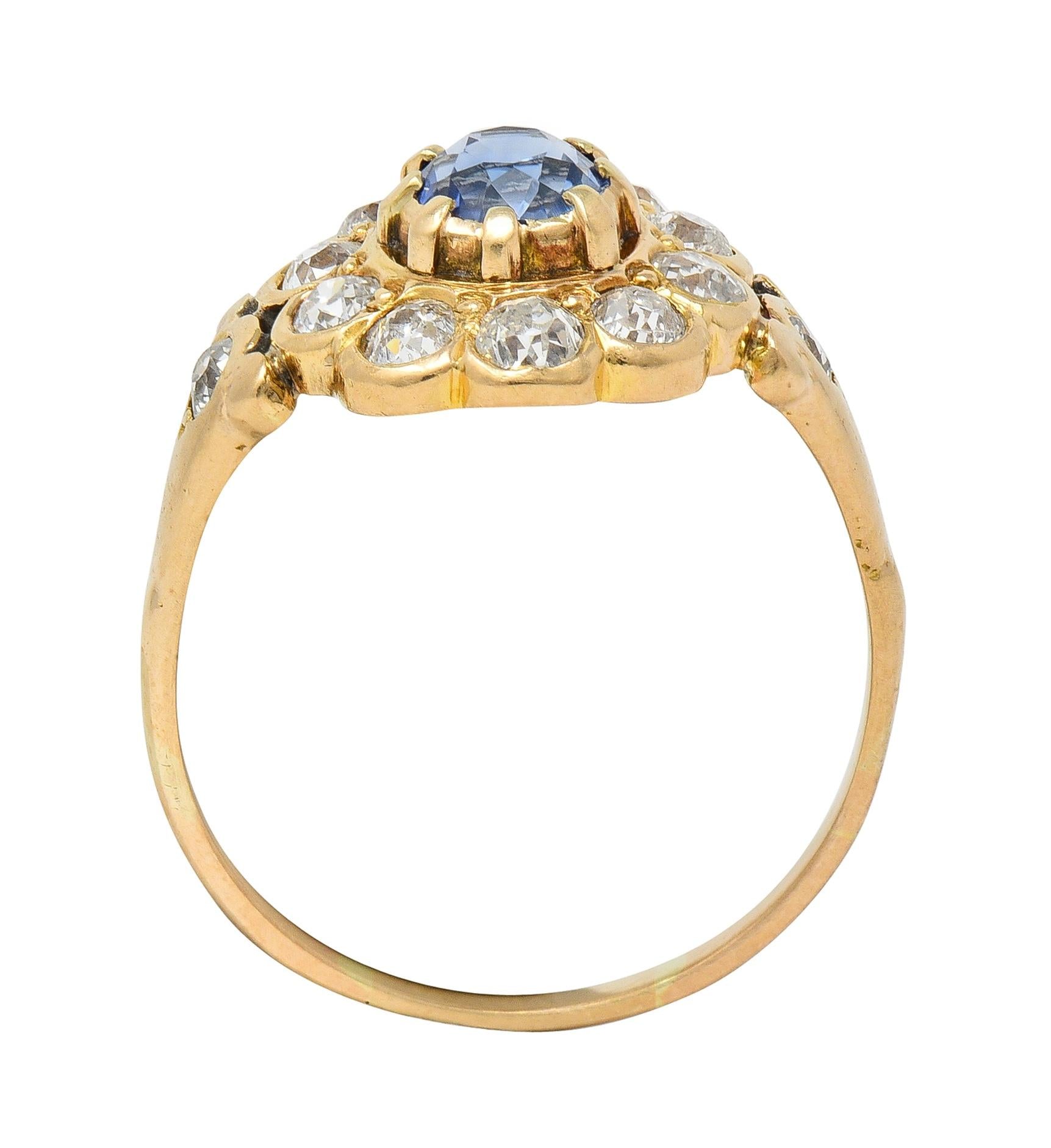 Victorian 1.37 CTW Sapphire Diamond 14 Karat Yellow Gold Antique Halo Ring