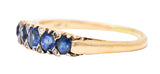 Victorian 1.15 CTW Cushion Cut Sapphire Diamond 14 Karat Yellow Gold Fleur-De-Lis Five Stone Antique Band Ring Wilson's Estate Jewelry