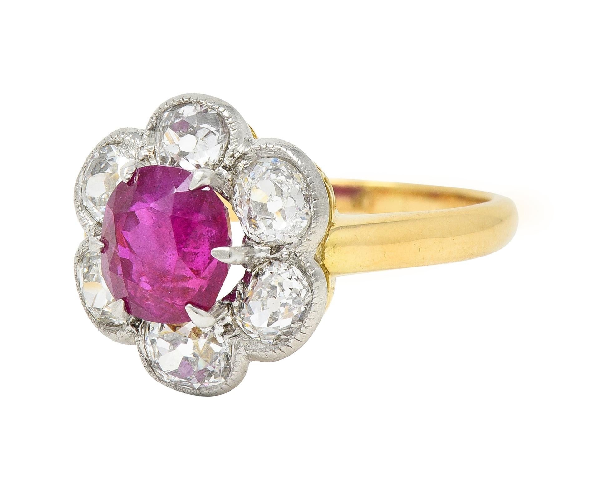 Edwardian 3.39 CTW No Heat Burma Ruby Diamond Platinum 18 Karat Cluster Ring GIA