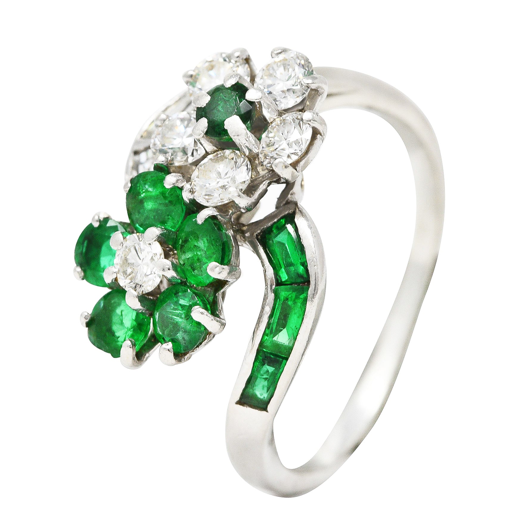 Mid-Century 1.75 CTW Emerald Diamond Platinum Floral Vintage Bypass Ring Wilson's Estate Jewelry