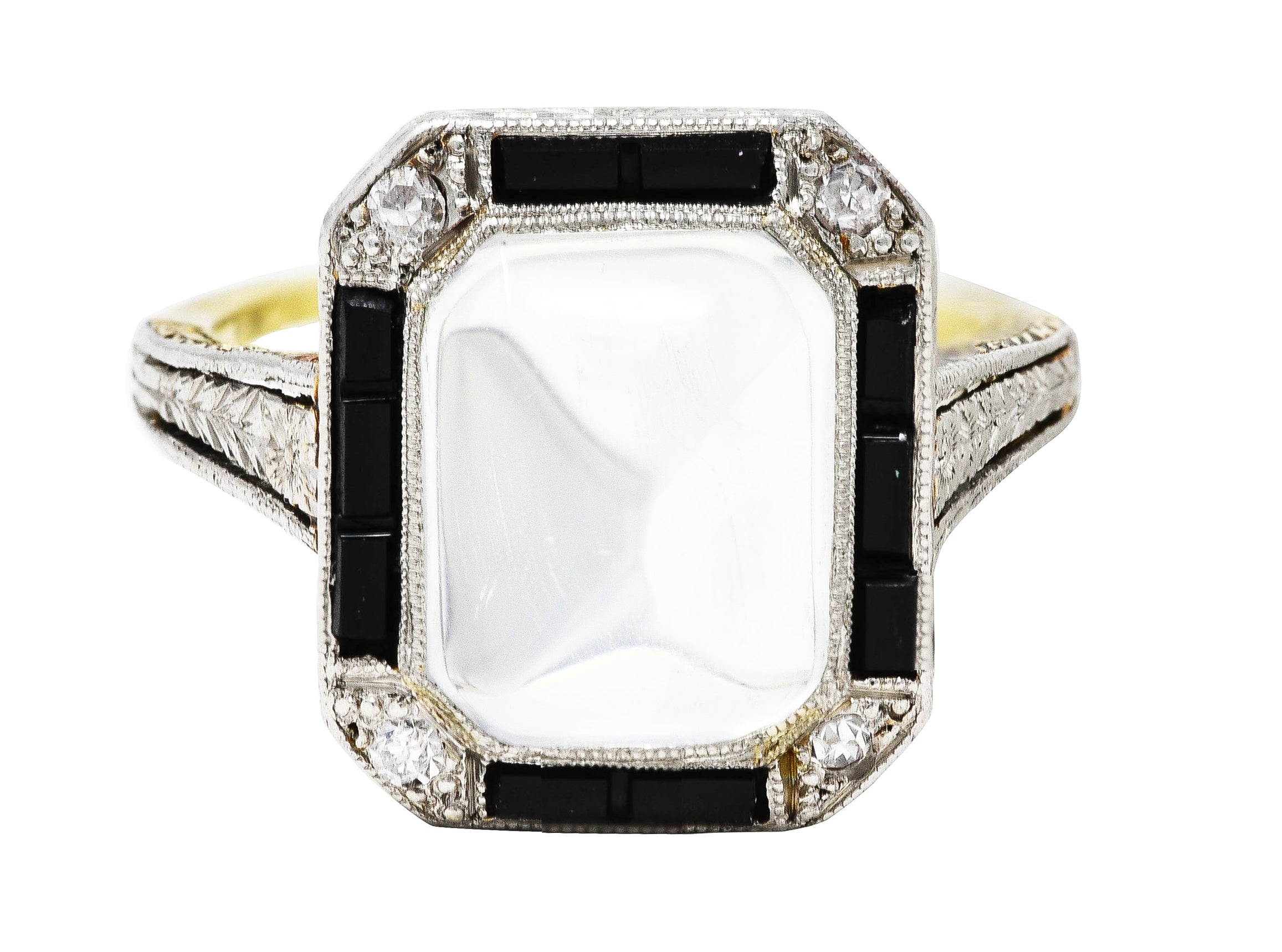 Art Deco Diamond Onyx Moonstone Platinum-Topped 18 Karat Yellow Gold Wheat Ring Wilson's Estate Jewelry