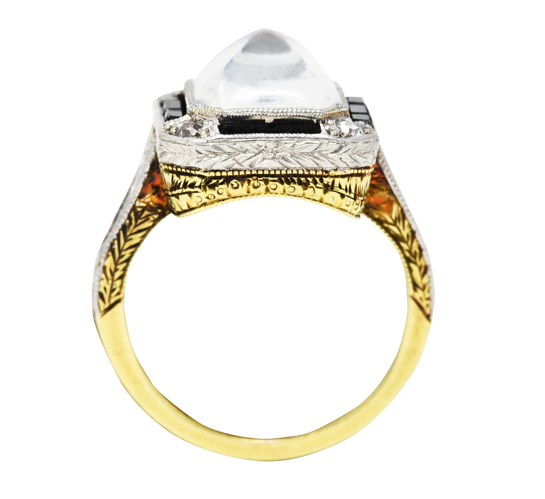 Art Deco Diamond Onyx Moonstone Platinum-Topped 18 Karat Yellow Gold Wheat Ring Wilson's Estate Jewelry