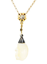 1880's Victorian Baroque Pearl 0.25 CTW Diamond Silver 14 Karat Yellow Gold Drop Necklace Wilson's Estate Jewelry