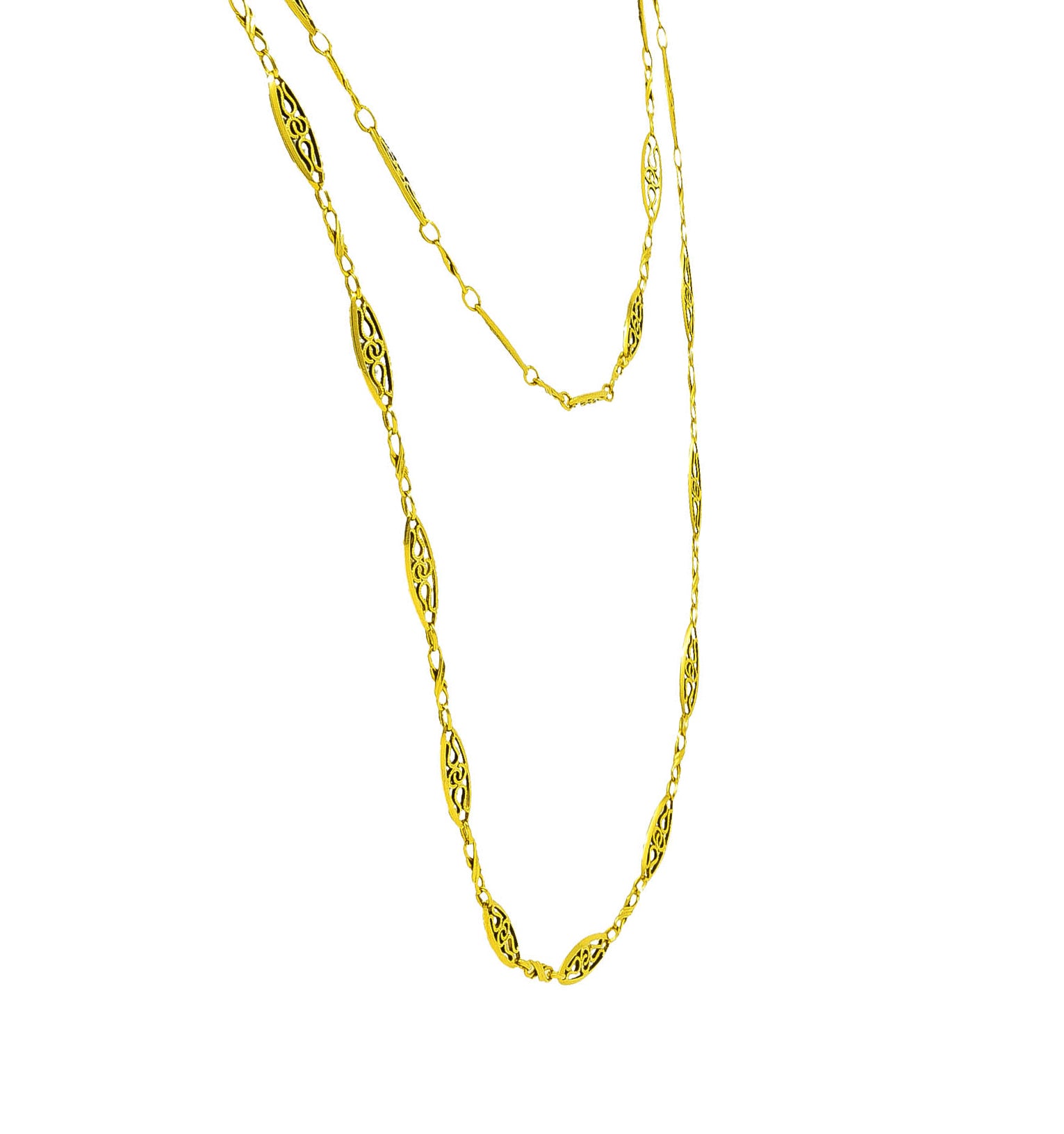 French Victorian 18 Karat Yellow Gold Filigree Navette 62 Inch Long Antique Chain Necklace Wilson's Estate Jewelry