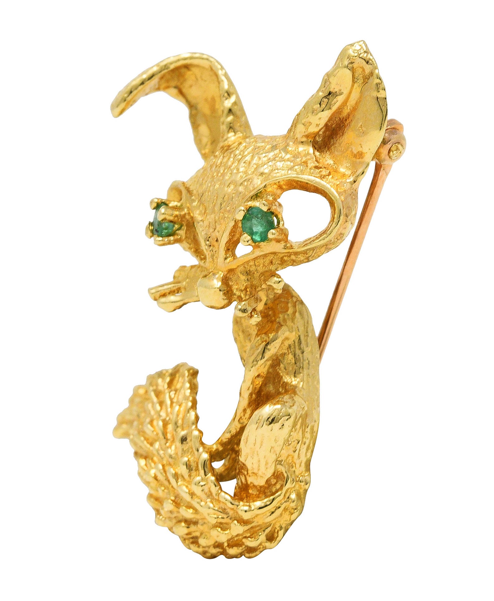 1960's Vintage Emerald 18 Karat Yellow Gold Modernist Animal Fox Brooch Wilson's Estate Jewelry