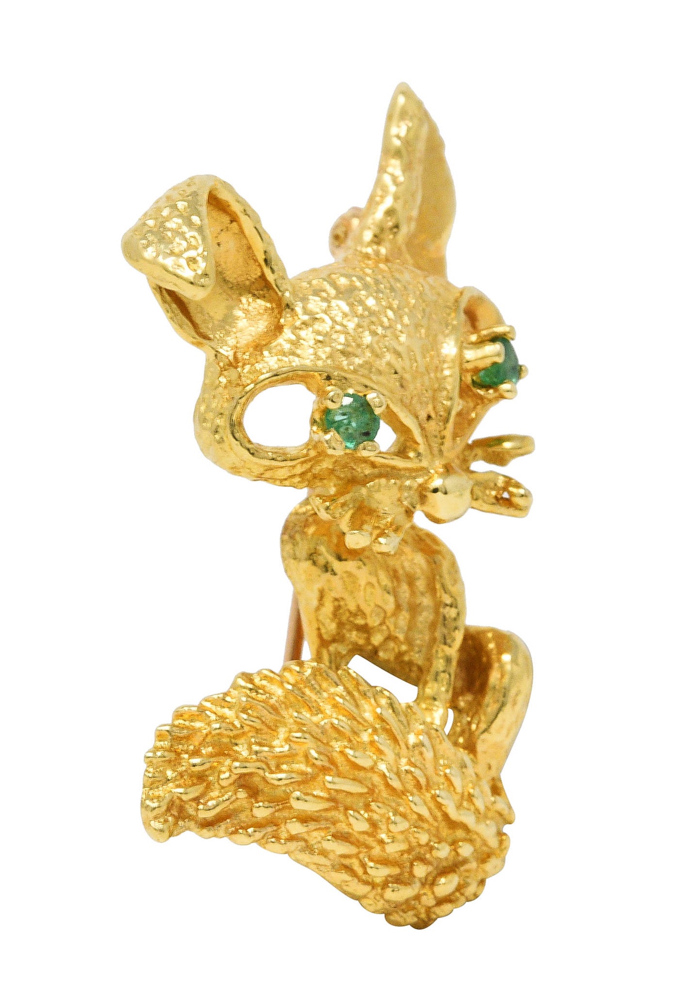 1960's Vintage Emerald 18 Karat Yellow Gold Modernist Animal Fox Brooch Wilson's Estate Jewelry