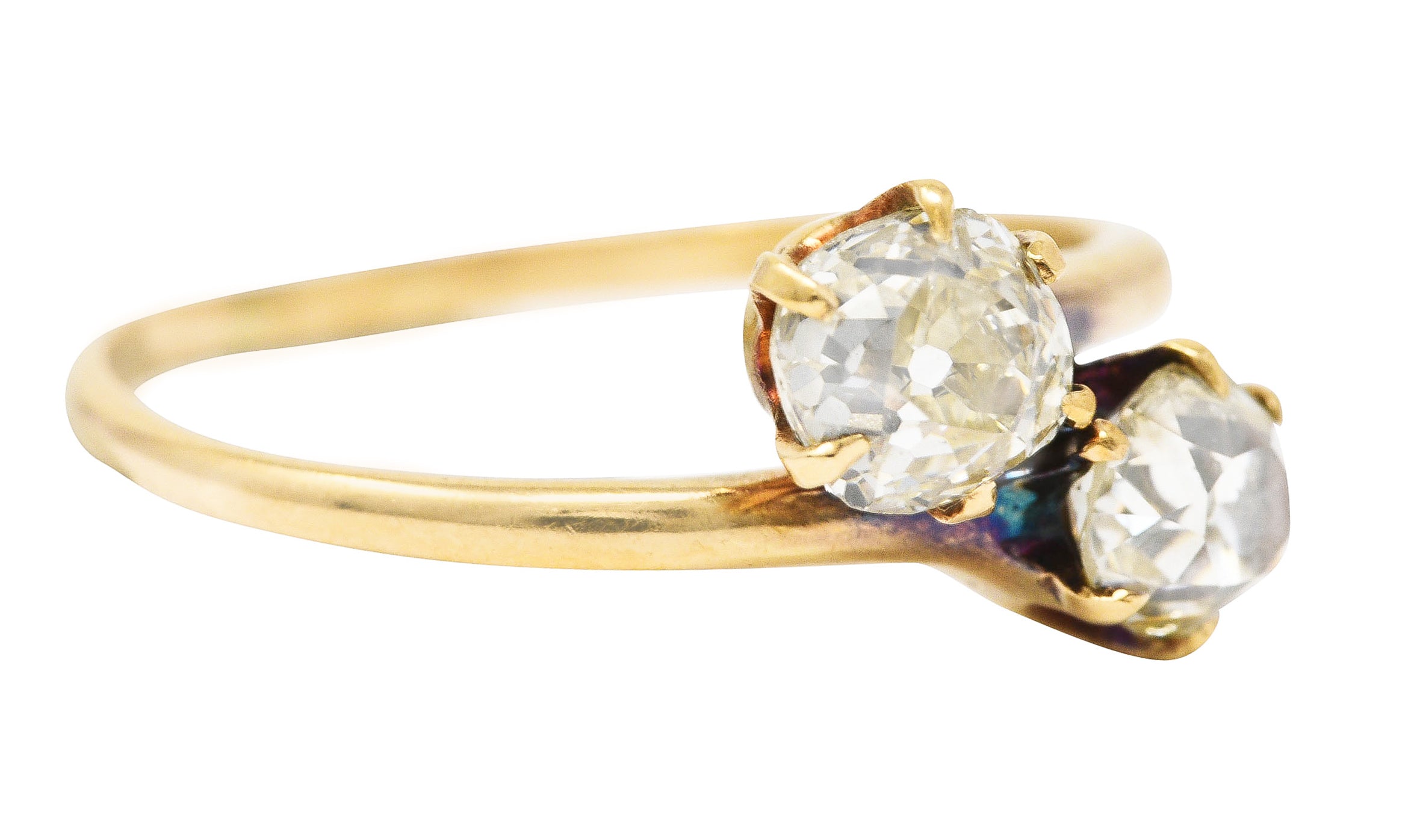 Victorian 0.94 CTW Old Mine Cut Diamond 14 Karat Yellow Gold Toi Et Moi Antique Bypass Ring Wilson's Estate Jewelry