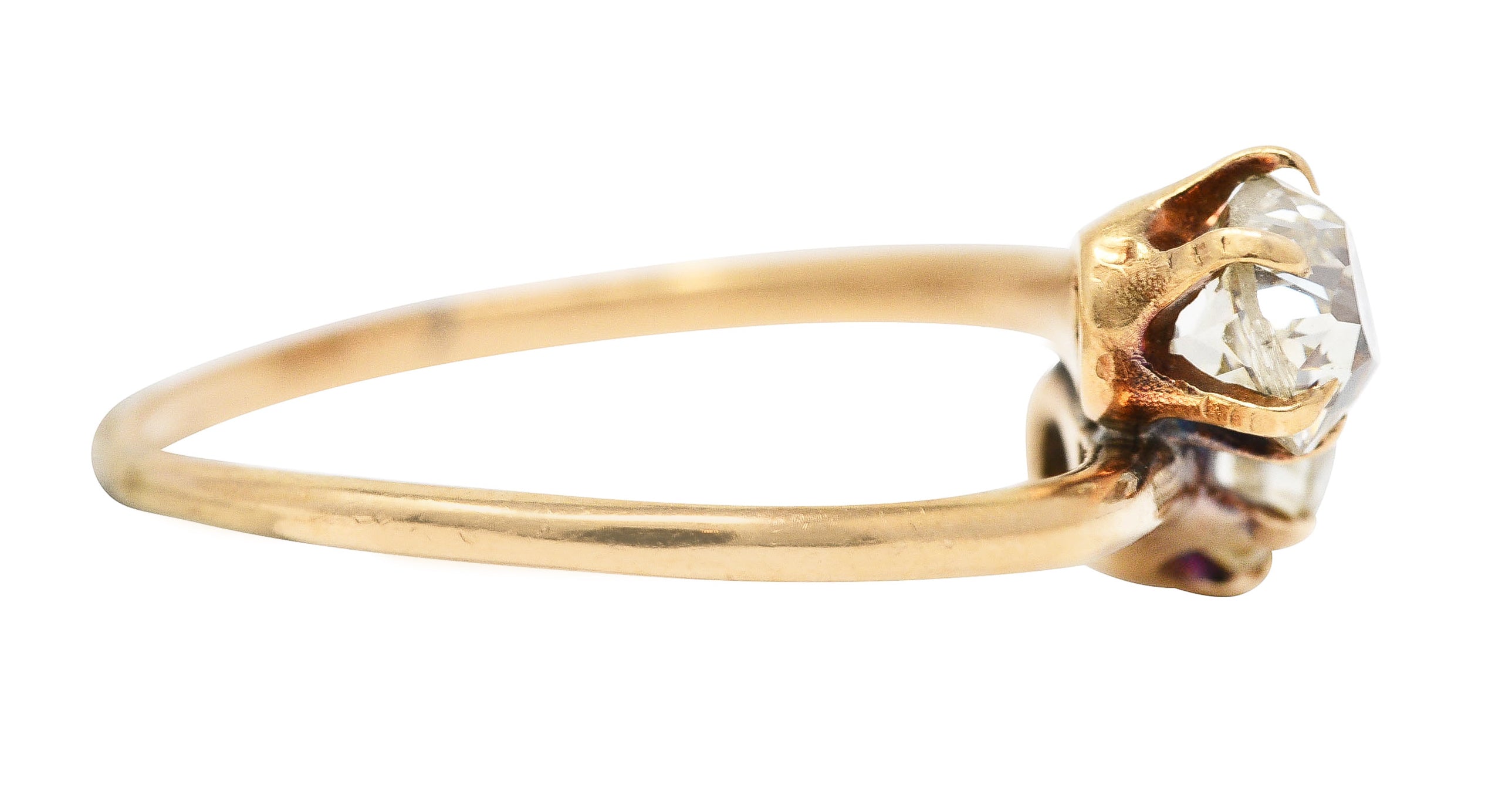 Victorian 0.94 CTW Old Mine Cut Diamond 14 Karat Yellow Gold Toi Et Moi Antique Bypass Ring Wilson's Estate Jewelry