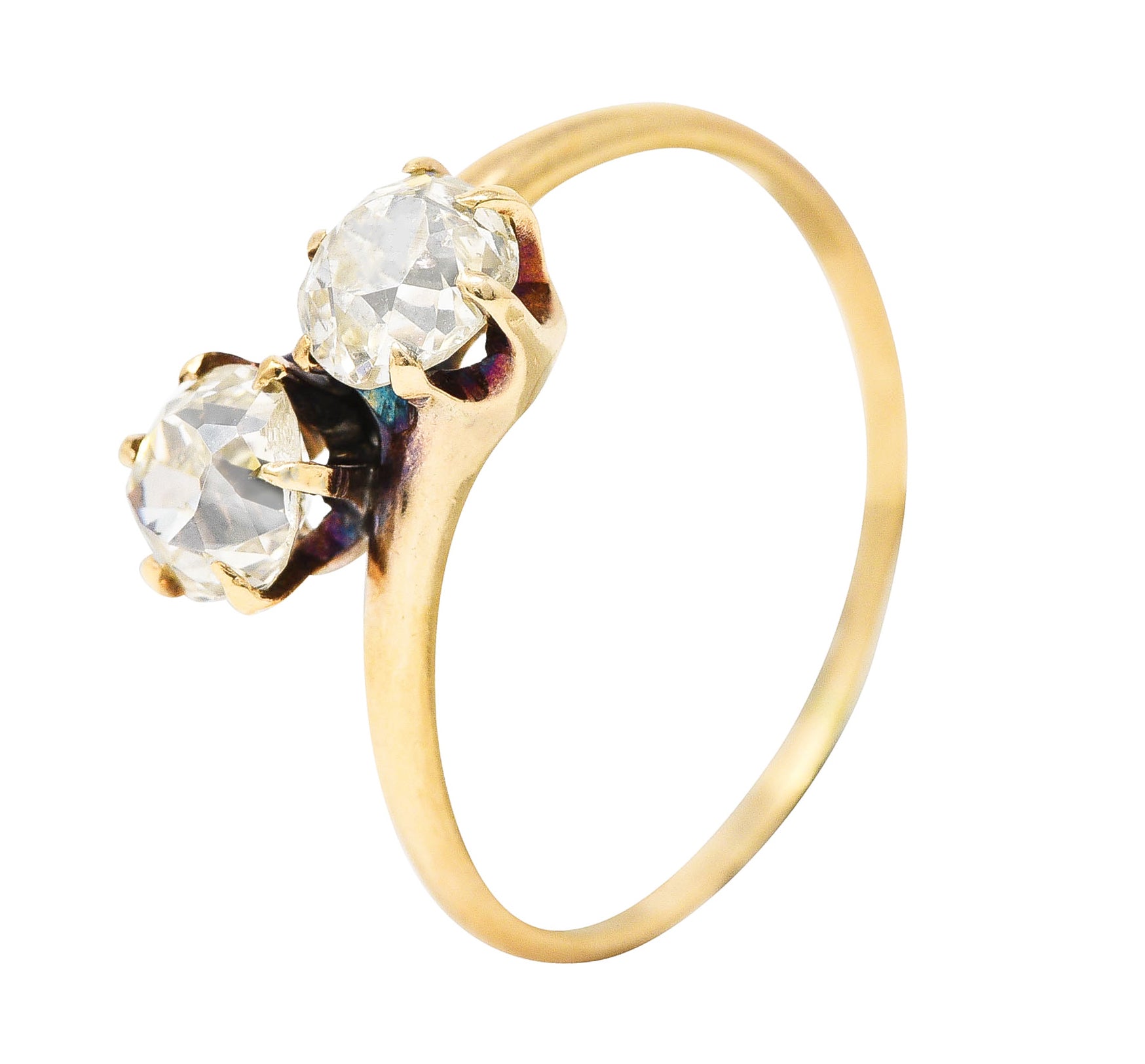 Victorian 0.94 CTW Old Mine Cut Diamond 14 Karat Yellow Gold Toi Et Moi Antique Bypass Ring Wilson's Estate Jewelry