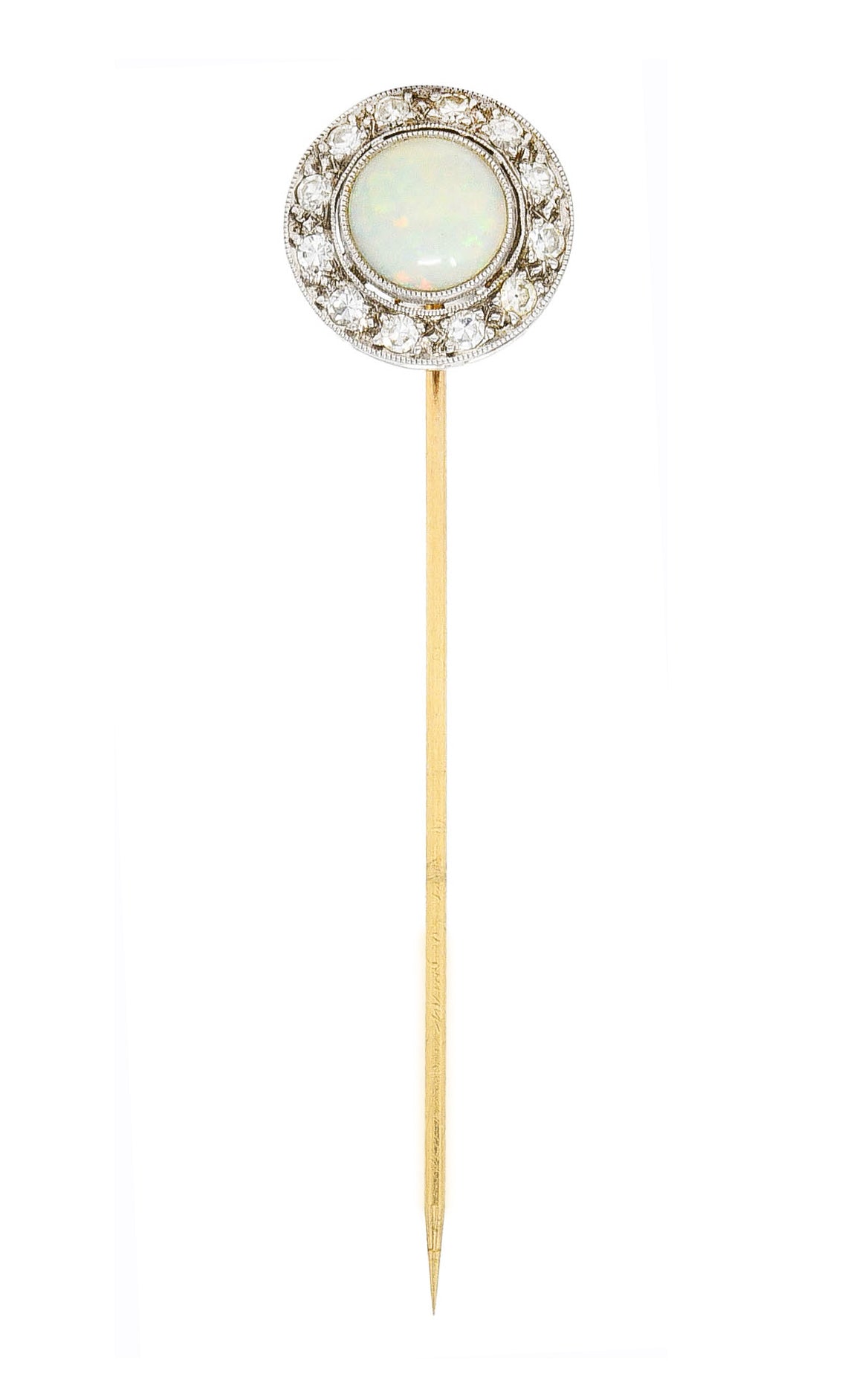 Edwardian Opal Diamond Platinum 14 Karat Gold Stickpin Wilson's Estate Jewelry