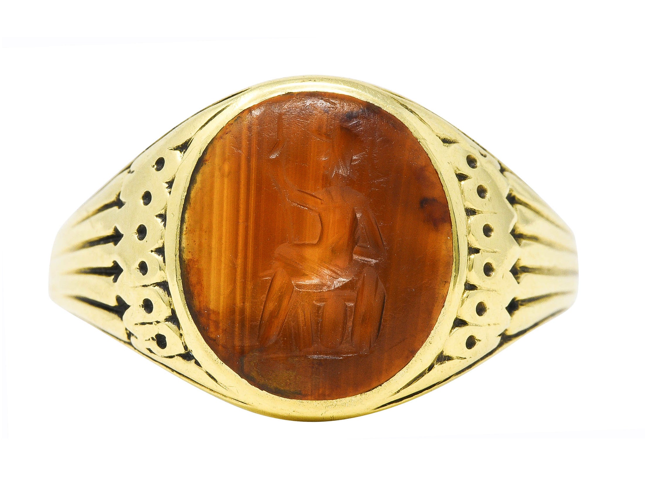 Art Deco Egyptian Revival Banded Agate 14 Karat Yellow Gold Pharaoh Intaglio Unisex Signet Ring Wilson's Estate Jewelry