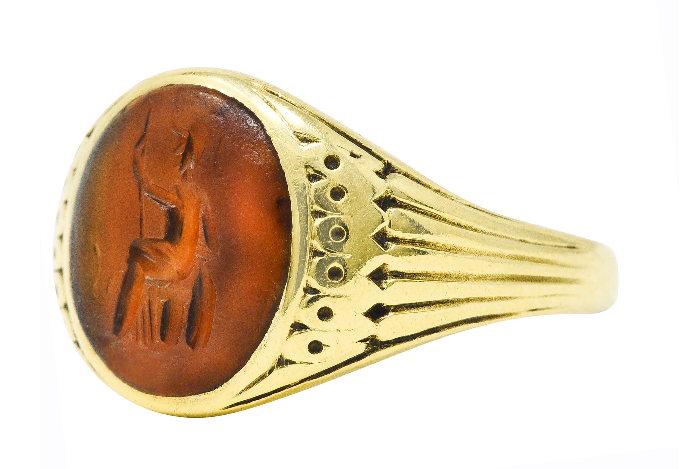 Art Deco Egyptian Revival Banded Agate 14 Karat Yellow Gold Pharaoh Intaglio Unisex Signet Ring Wilson's Estate Jewelry