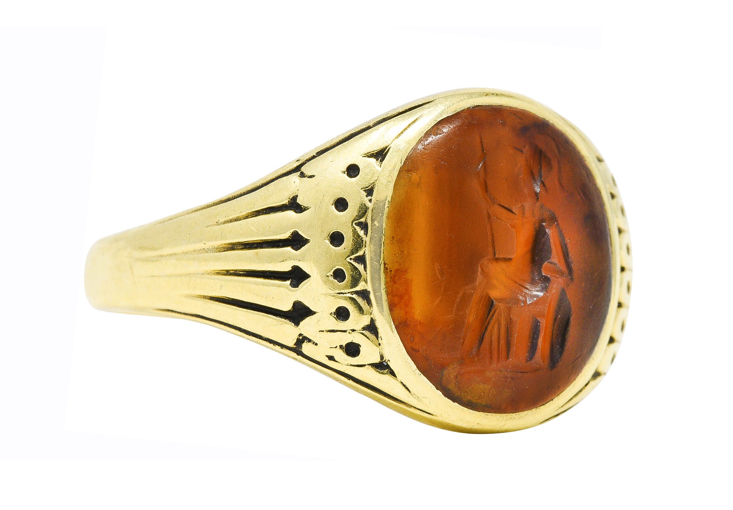 Art Deco Egyptian Revival Banded Agate 14 Karat Yellow Gold Pharaoh Intaglio Unisex Signet Ring Wilson's Estate Jewelry