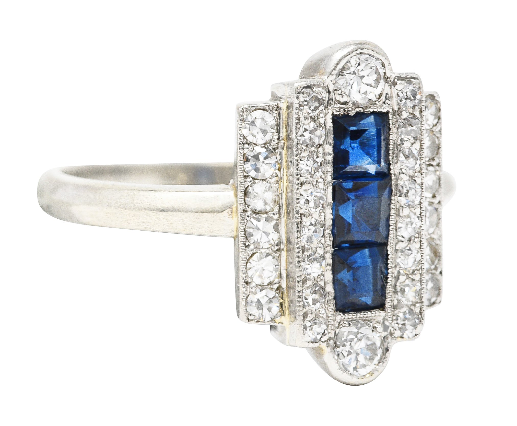 Art Deco 1.09 CTW Square Step Cut Sapphire Diamond 14 Karat White Gold Stepped Dinner Ring Wilson's Estate Jewelry