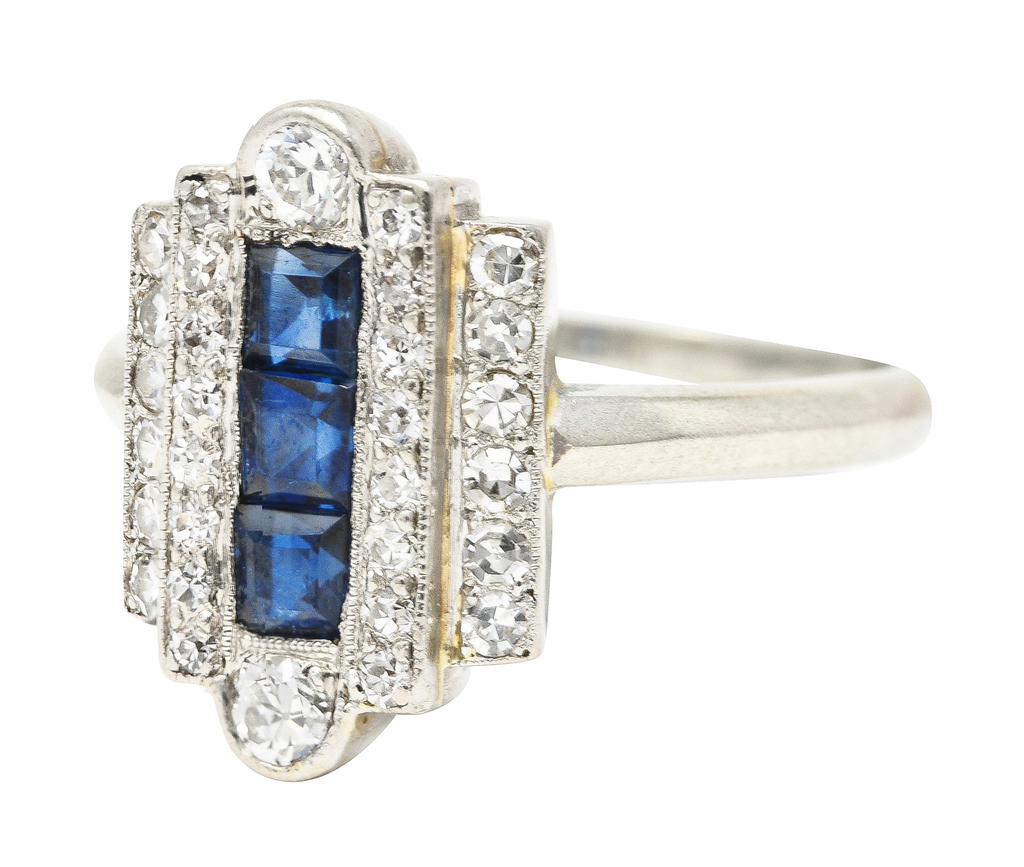 Art Deco 1.09 CTW Square Step Cut Sapphire Diamond 14 Karat White Gold Stepped Dinner Ring Wilson's Estate Jewelry