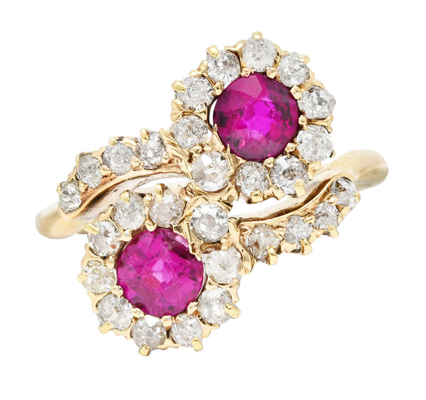 Victorian 1.76 CTW Ruby Diamond 14 Karat Yellow Gold Toi Et Moi Antique Bypass Cluster Ring Wilson's Estate Jewelry