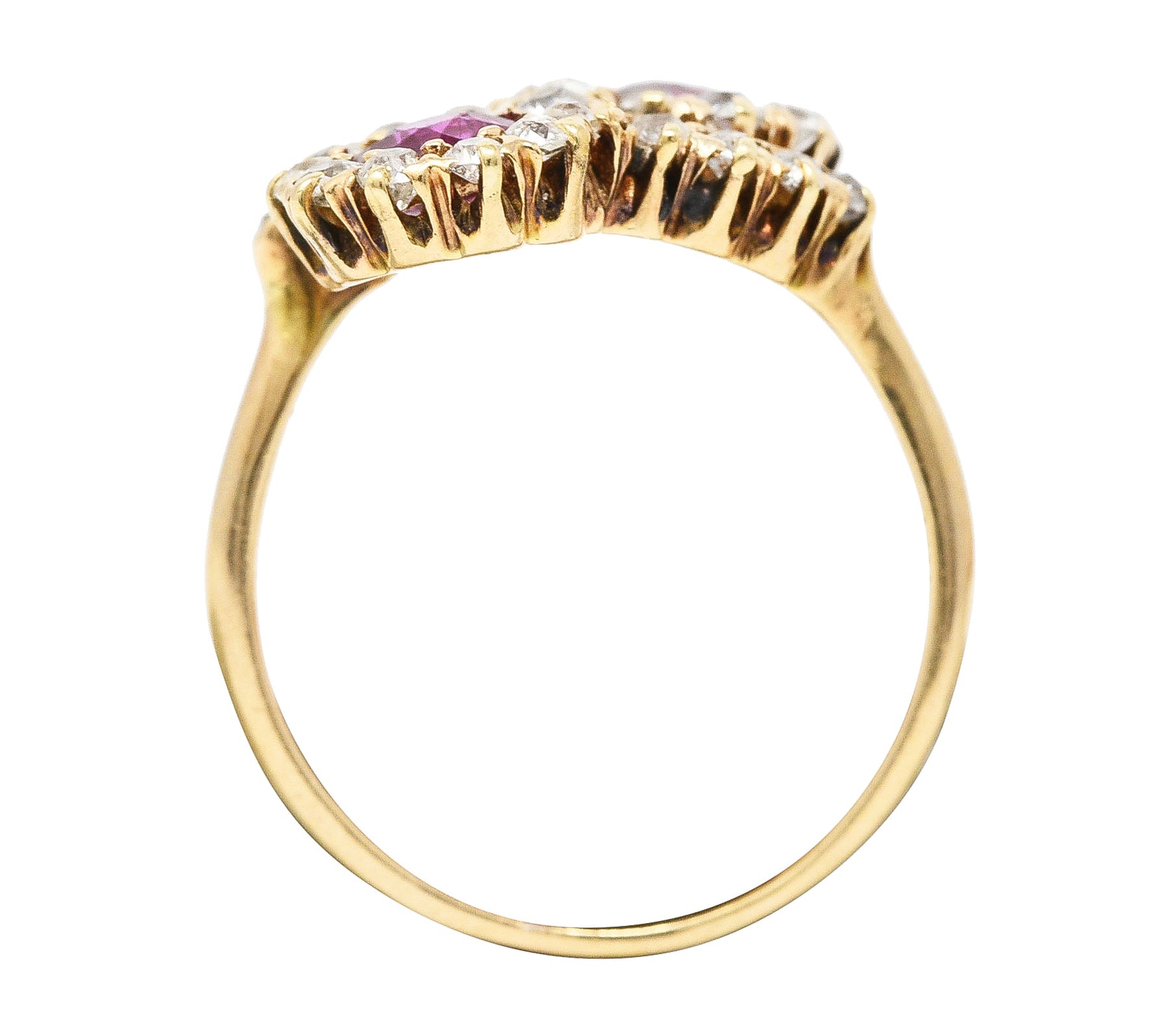 Victorian 1.76 CTW Ruby Diamond 14 Karat Yellow Gold Toi Et Moi Antique Bypass Cluster Ring Wilson's Estate Jewelry