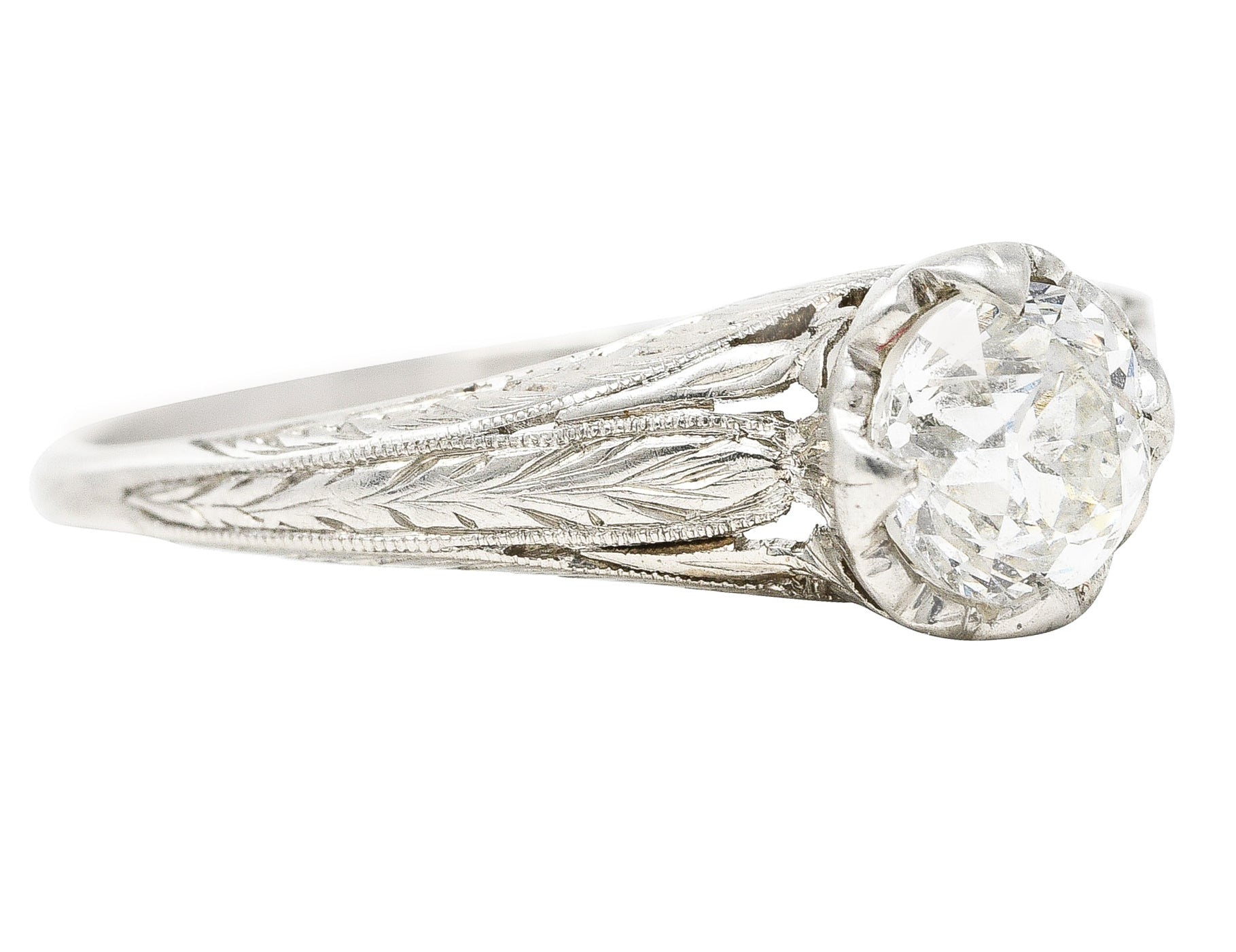 Art Deco Old European 0.67 CTW Diamond Platinum Foliate Solitaire Engagement Ring Wilson's Estate Jewelry