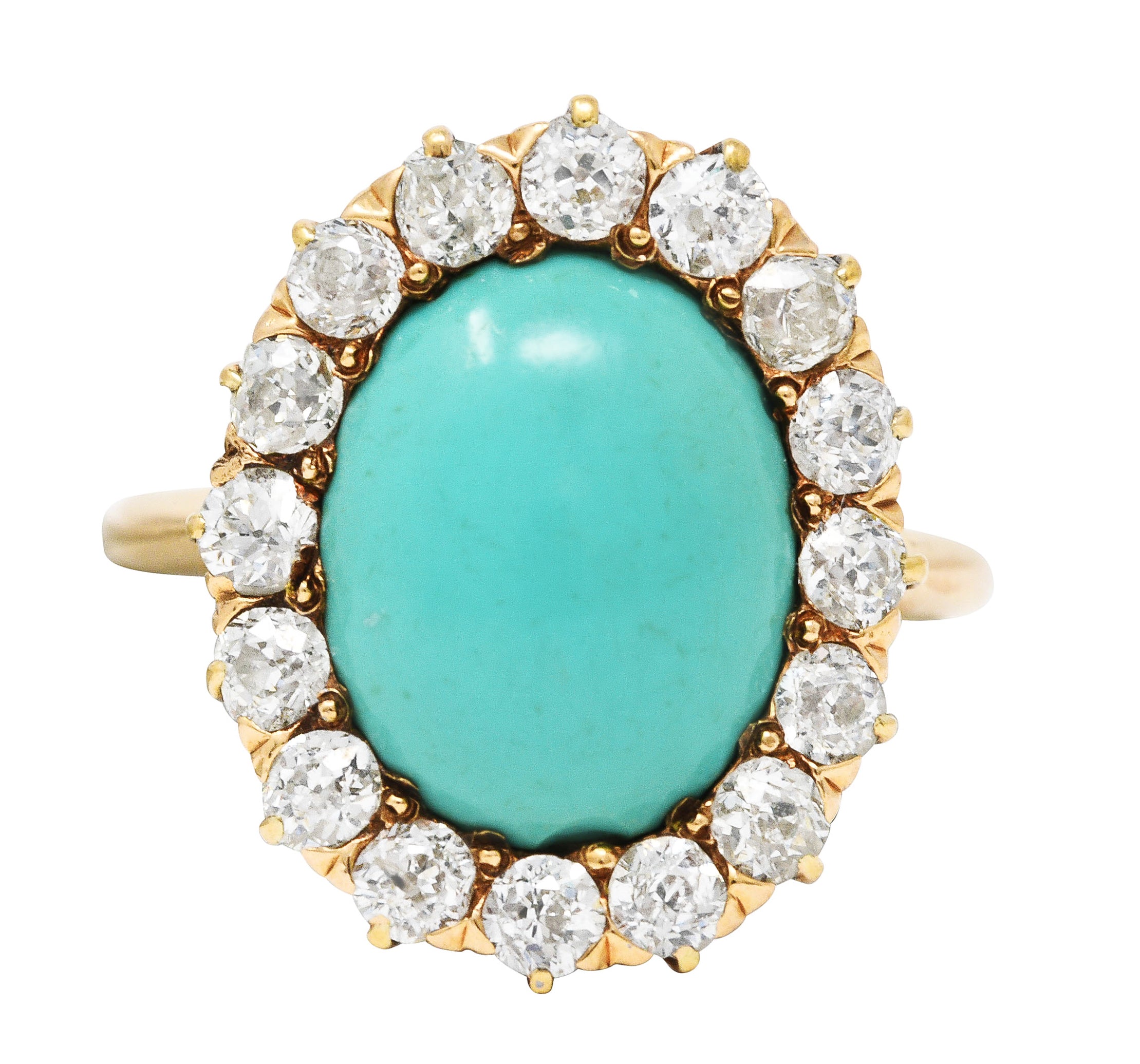 Victorian 1.04 CTW Old European Cut Diamond Turquoise Cabochon 14 Karat Yellow Gold Antique Halo Ring Wilson's Estate Jewelry