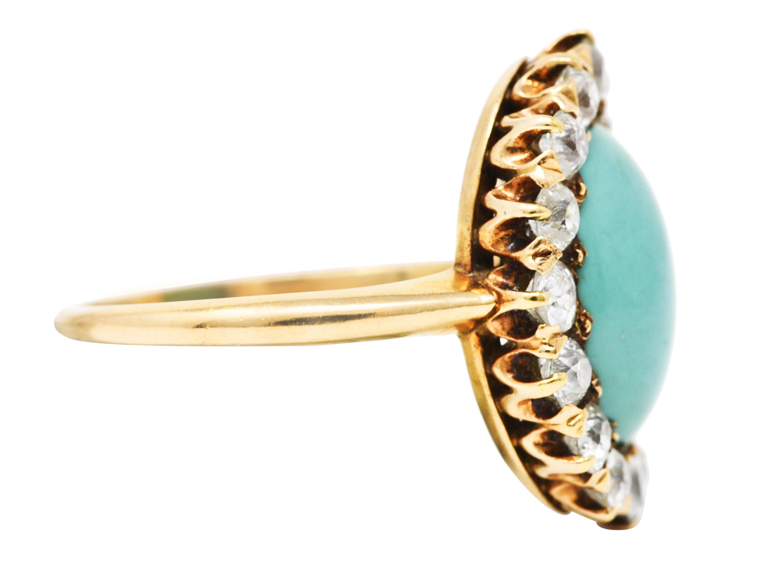 Victorian 1.04 CTW Old European Cut Diamond Turquoise Cabochon 14 Karat Yellow Gold Antique Halo Ring Wilson's Estate Jewelry