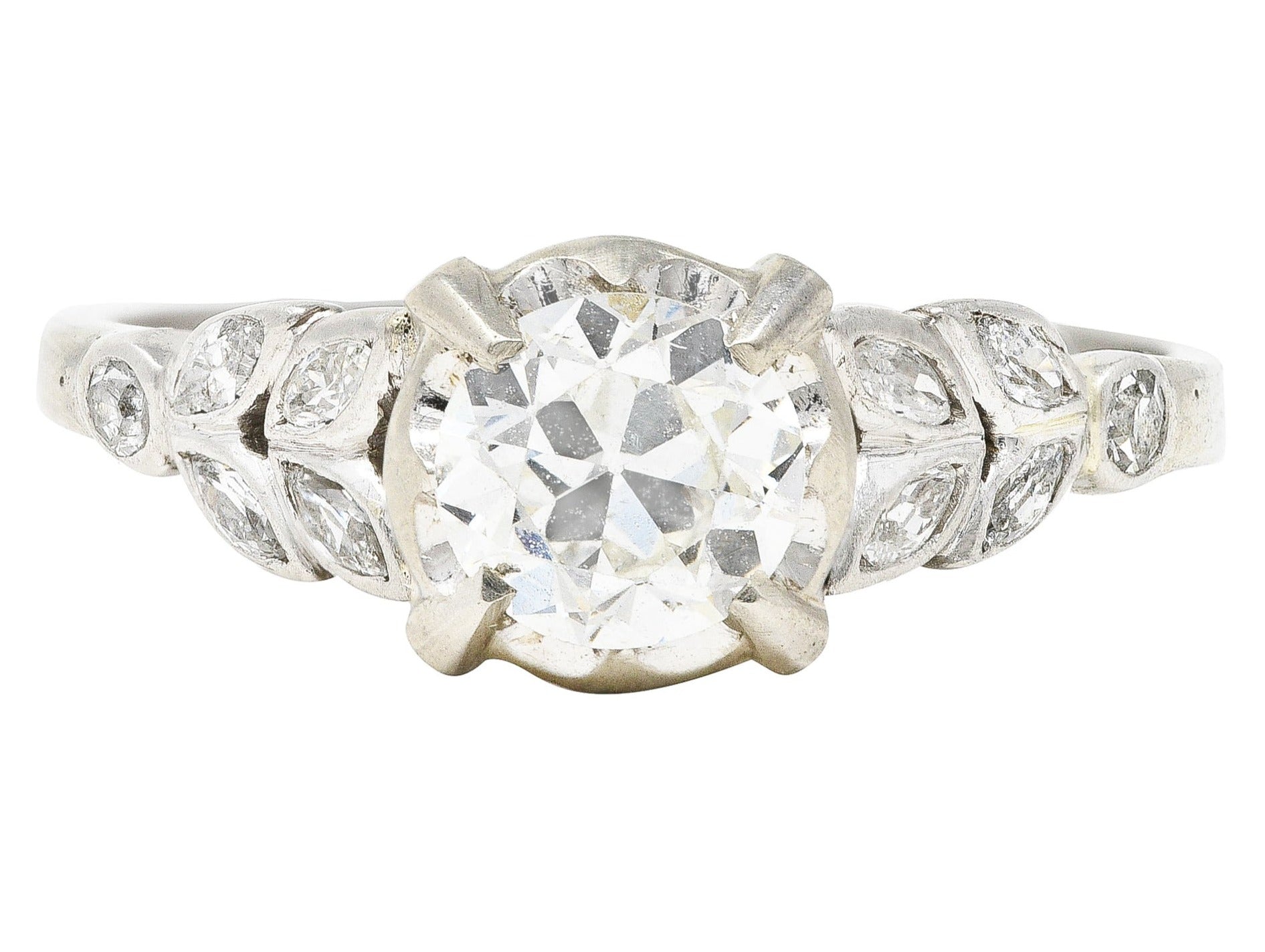 Art Deco Old European 1.08 CTW Diamond Platinum Foliate Engagement Ring Wilson's Estate Jewelry