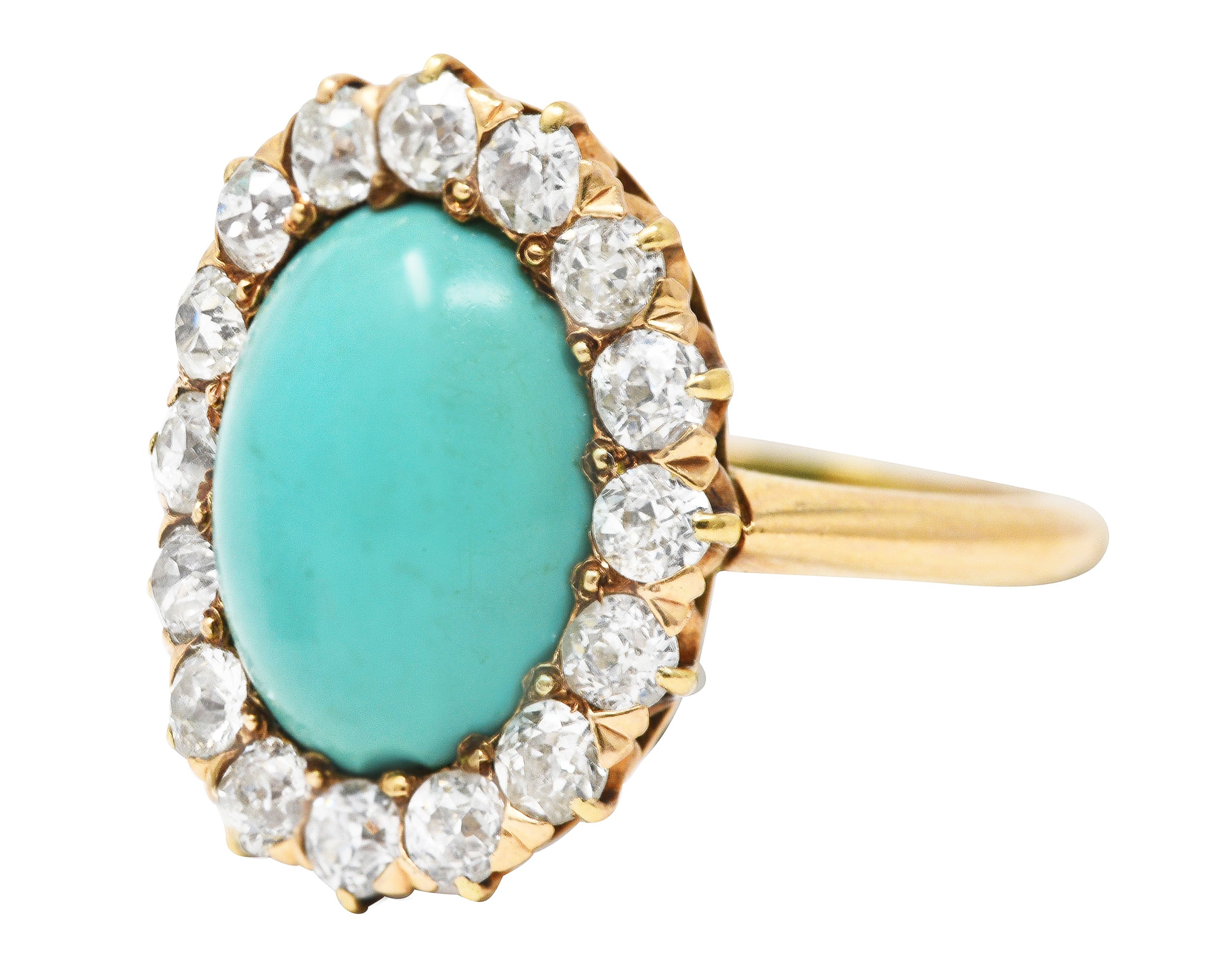 Victorian 1.04 CTW Old European Cut Diamond Turquoise Cabochon 14 Karat Yellow Gold Antique Halo Ring Wilson's Estate Jewelry