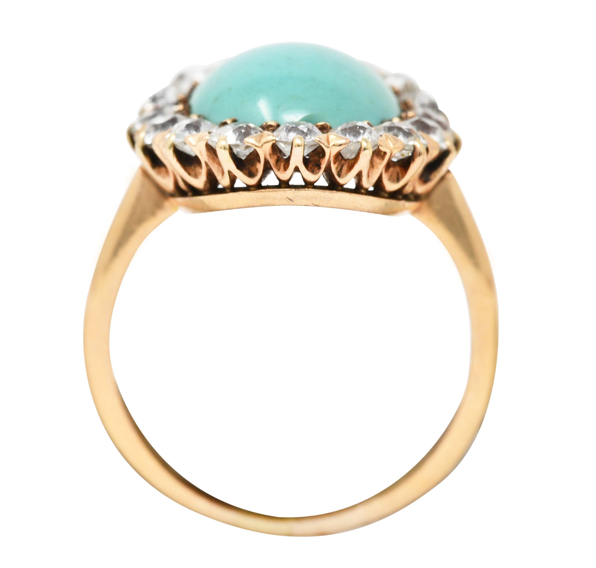 Victorian 1.04 CTW Old European Cut Diamond Turquoise Cabochon 14 Karat Yellow Gold Antique Halo Ring Wilson's Estate Jewelry