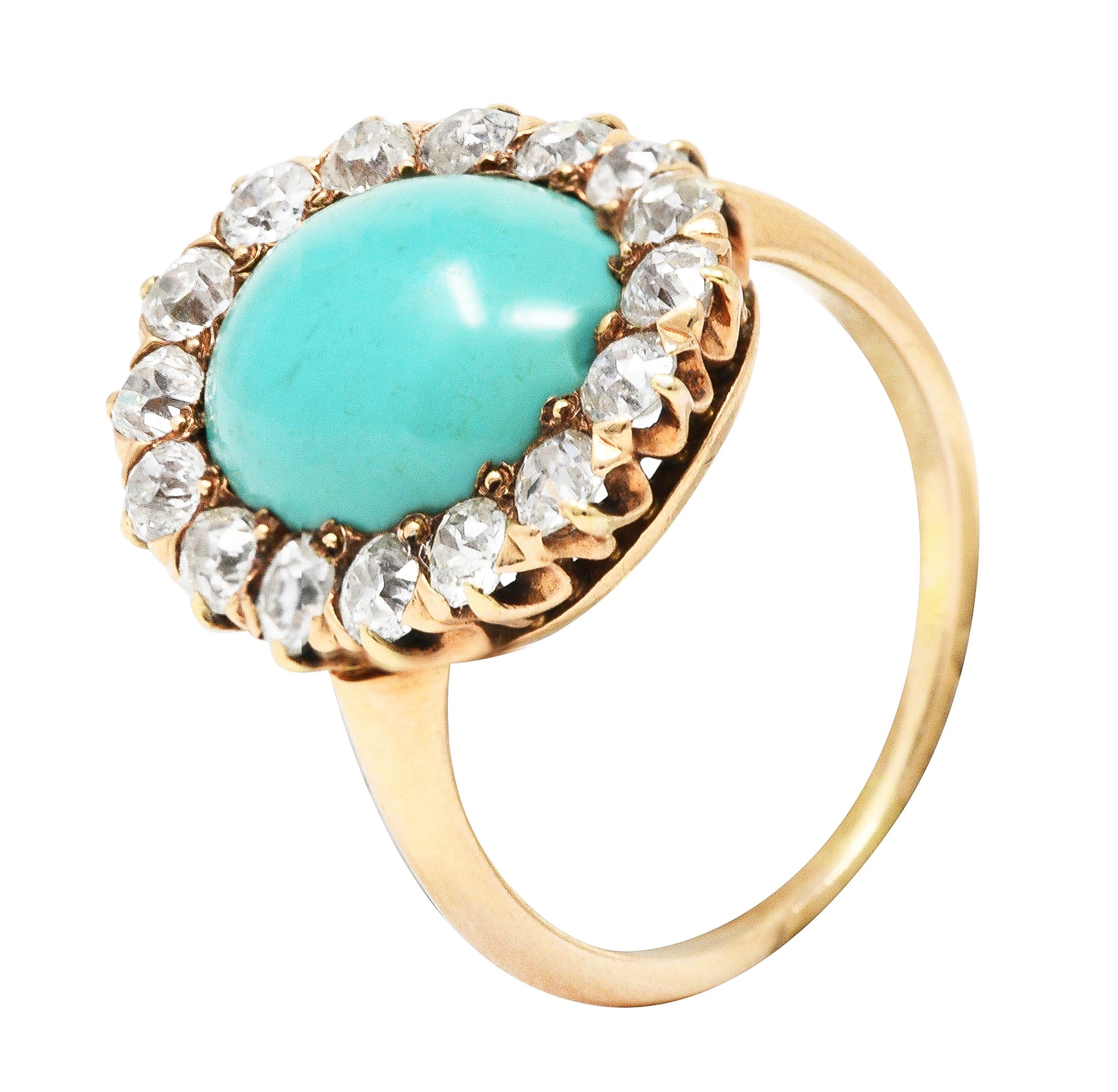 Victorian 1.04 CTW Old European Cut Diamond Turquoise Cabochon 14 Karat Yellow Gold Antique Halo Ring Wilson's Estate Jewelry