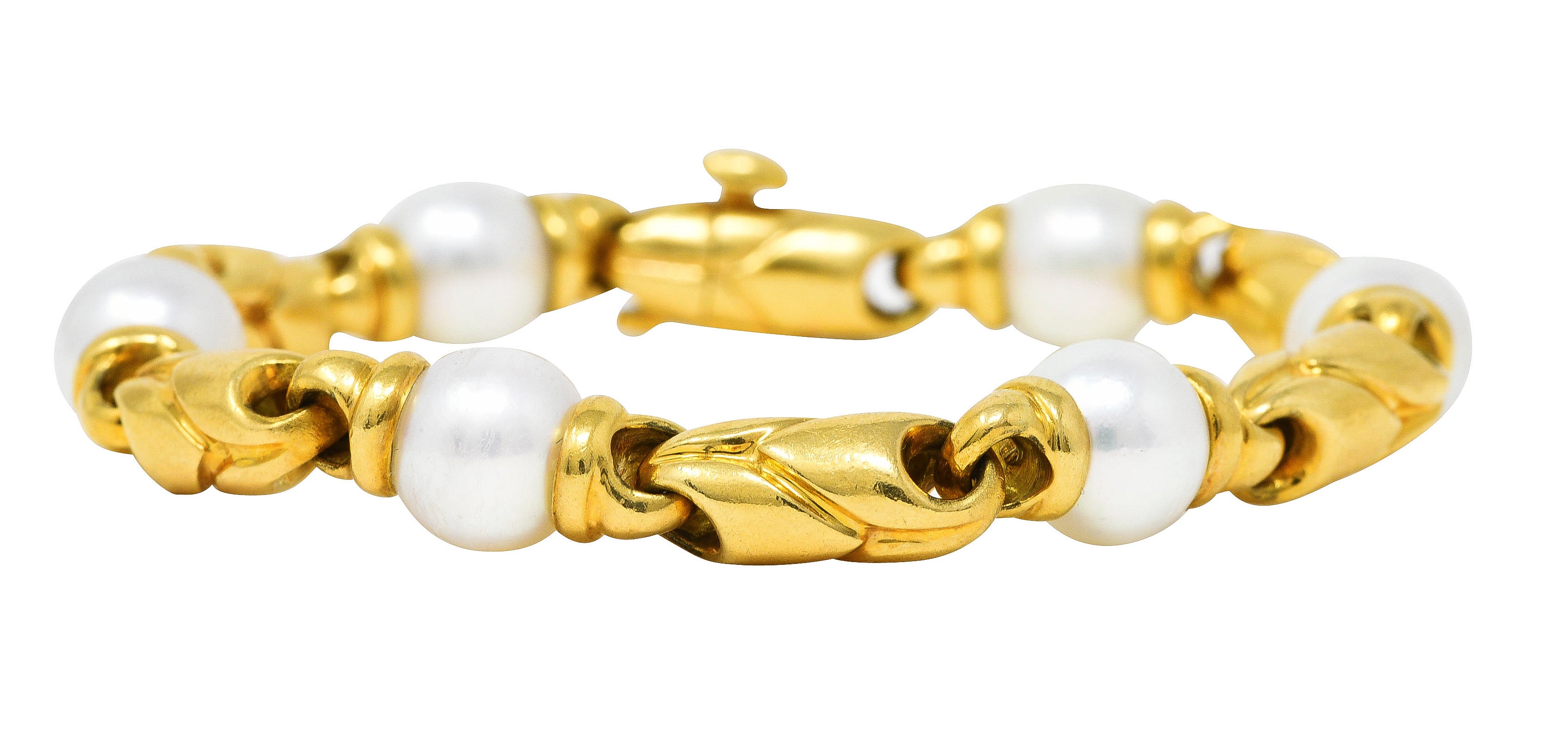 1980's Bulgari Pearl 18 Karat Yellow Gold Passo Doppio Link Vintage Bracelet Wilson's Estate Jewelry