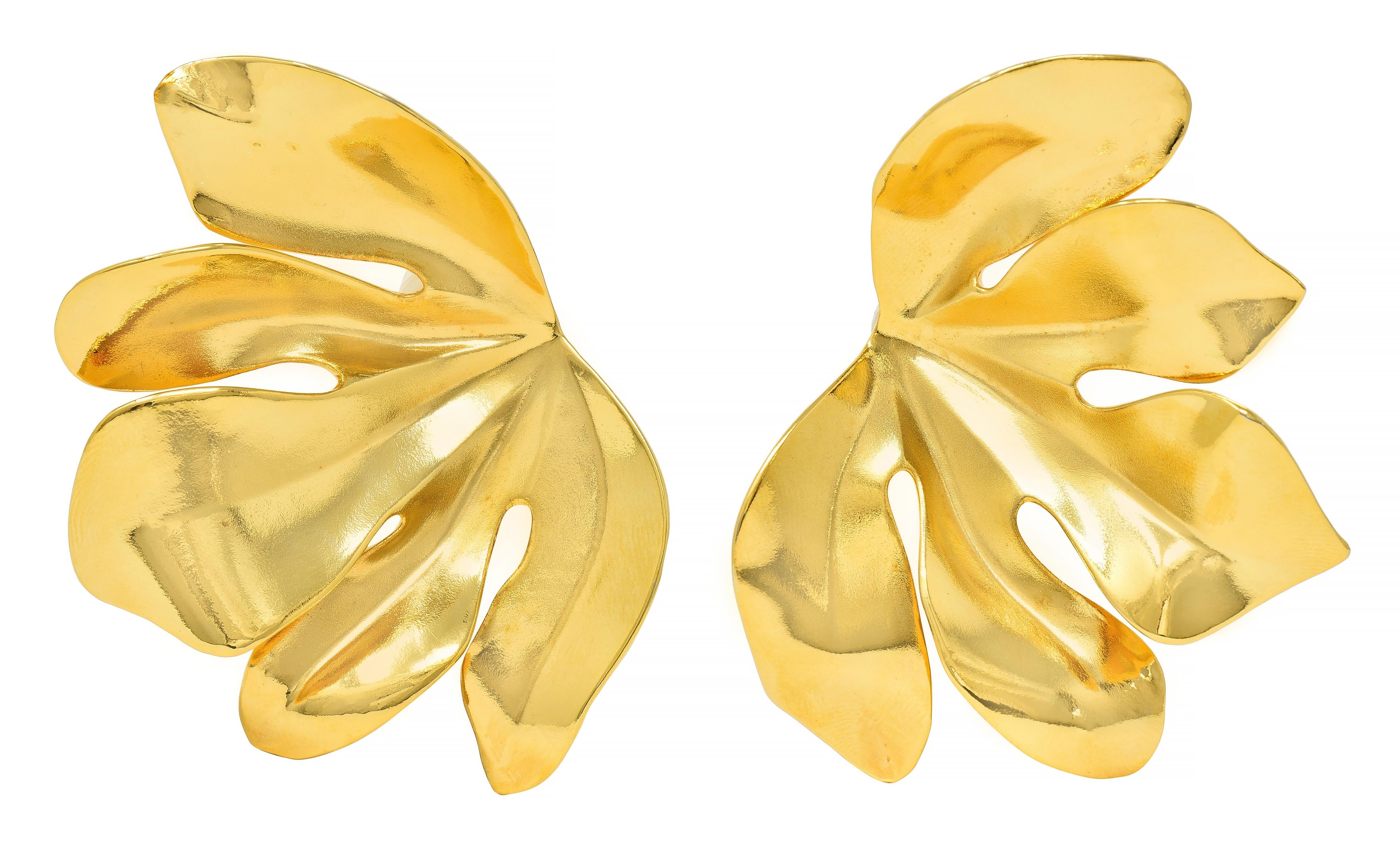 JAR French 18 Karat Gold Anodized Aluminum Fig Leaf Ear-Clip Earrings