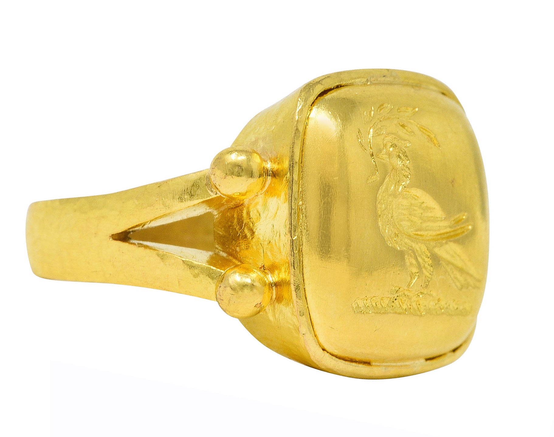 Elizabeth Locke Vintage 19 Karat Gold Pheasant Olive Branch Bird Intaglio Signet Ring Wilson's Estate Jewelry