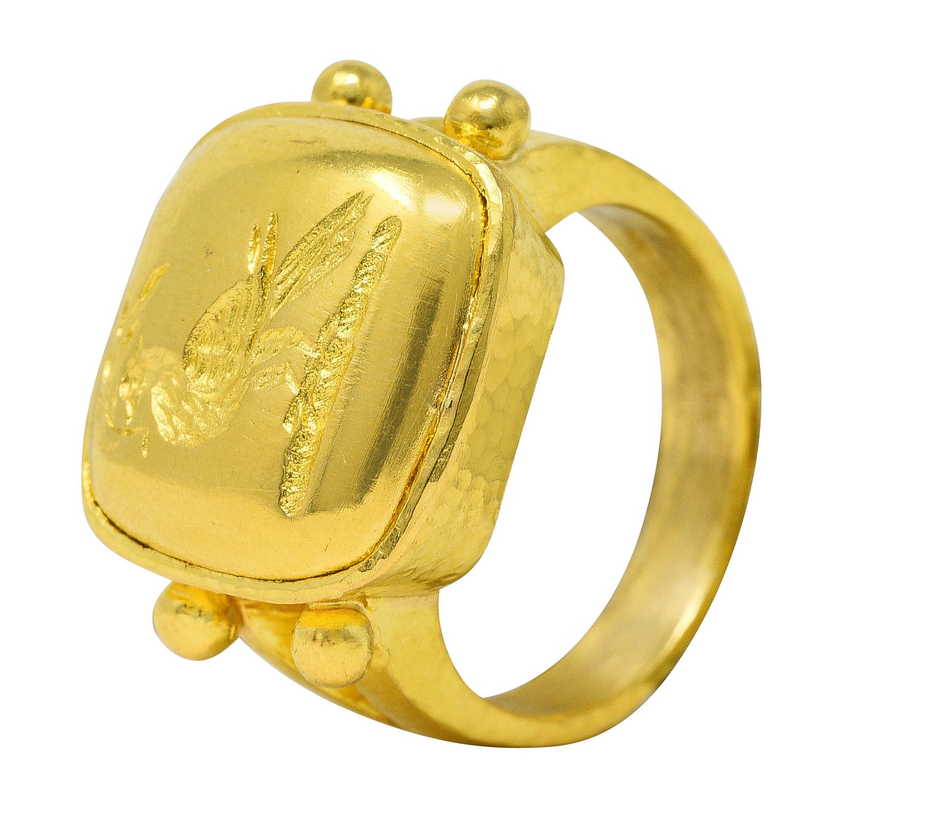 Elizabeth Locke Vintage 19 Karat Gold Pheasant Olive Branch Bird Intaglio Signet Ring Wilson's Estate Jewelry