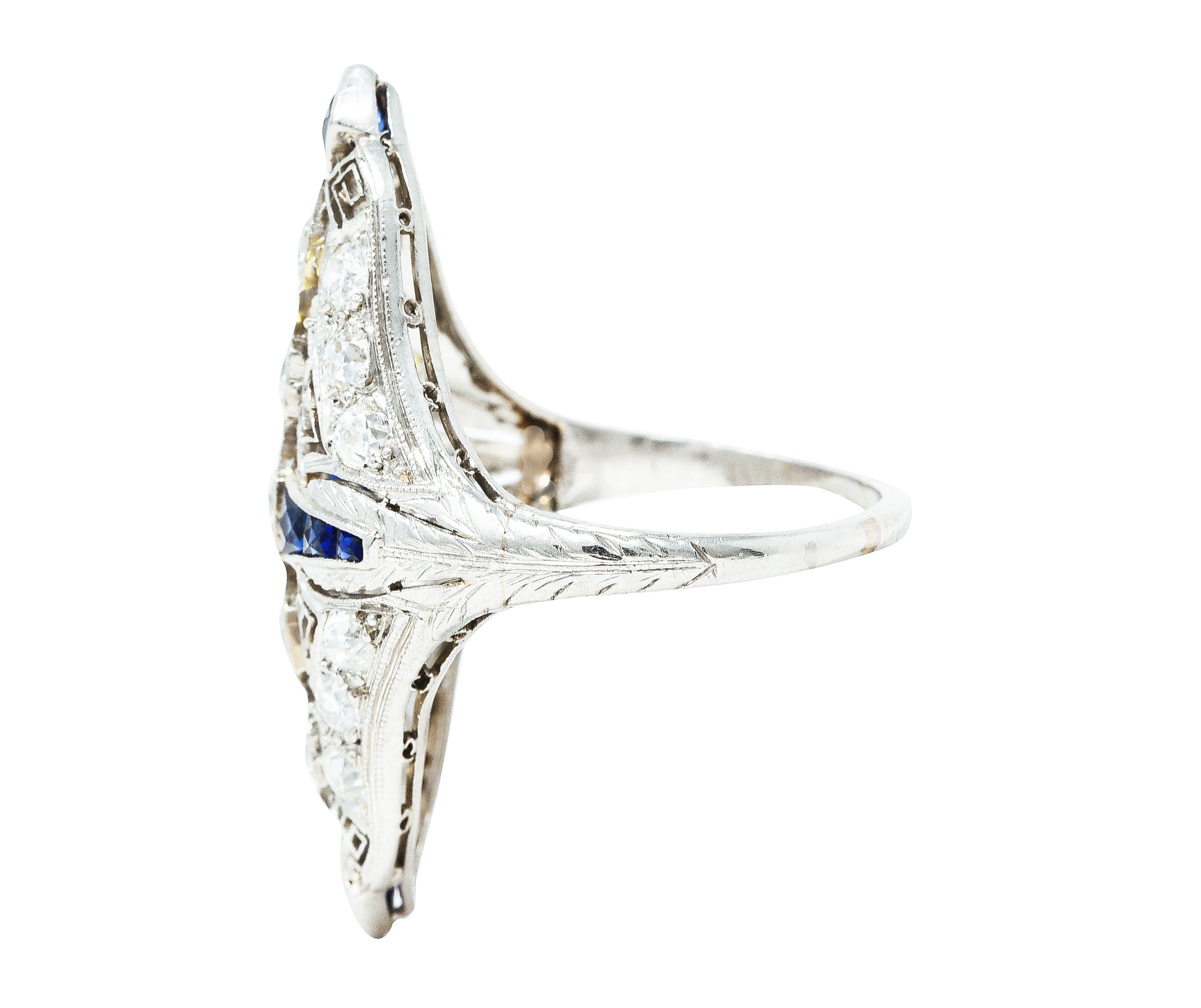 1930's Art Deco Sapphire Diamond Platinum Navette Dinner Ring Wilson's Estate Jewelry