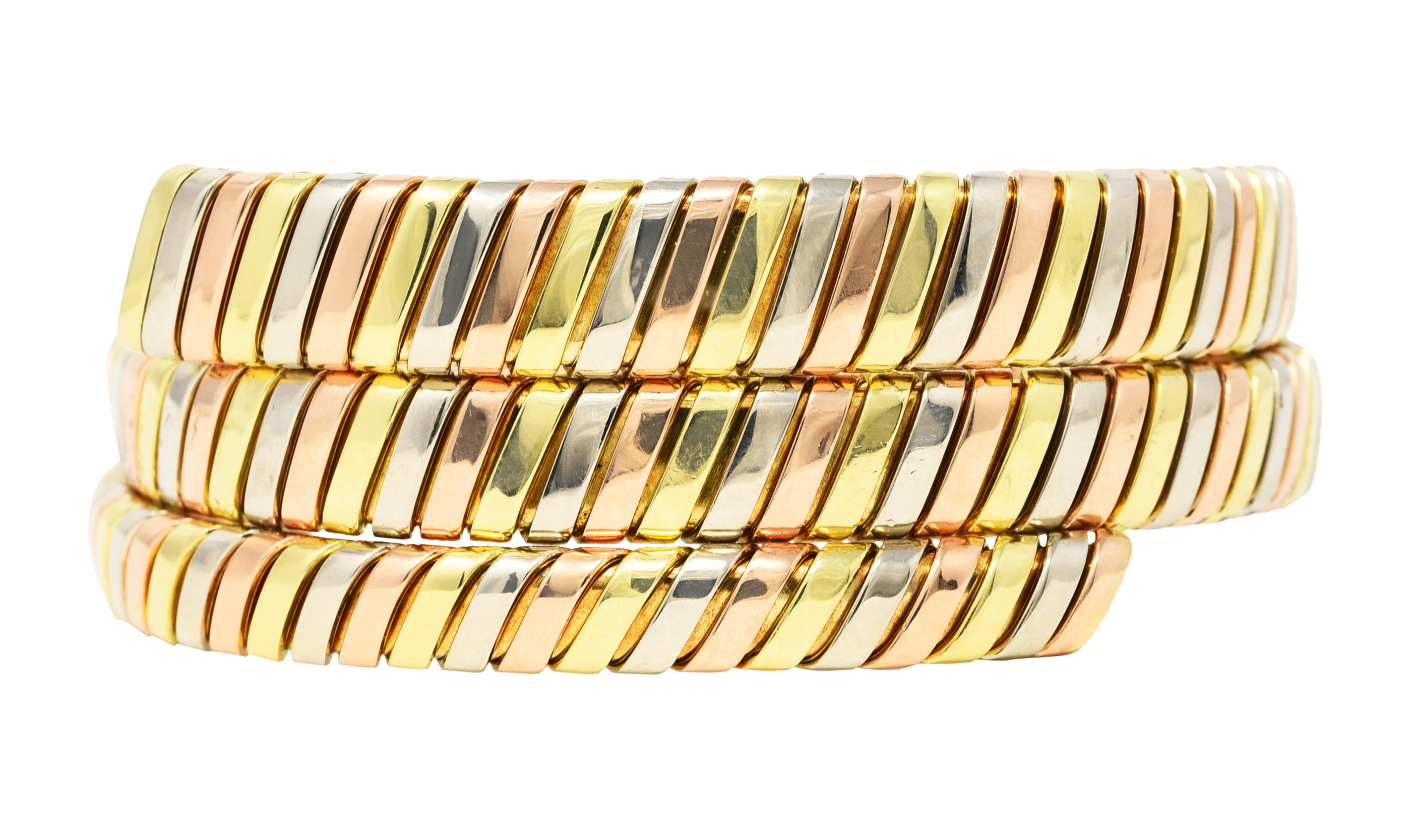 Bulgari 18 Karat Tri-Colored Yellow White Rose Gold Tubogas Serpenti Vintage Bracelet Wilson's Estate Jewelry