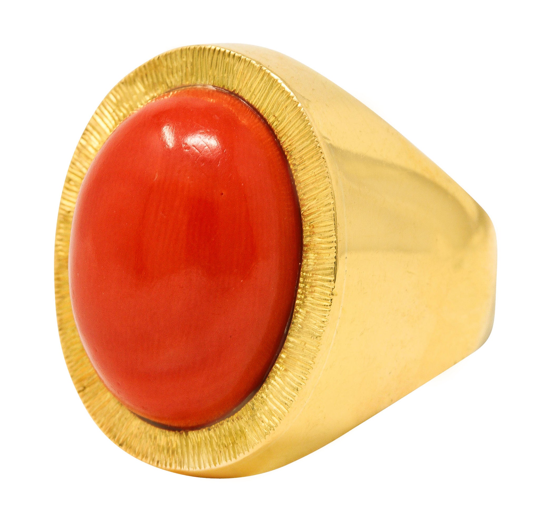 1960's Modernist Vintage Coral 18 Karat Yellow Gold Unisex Cabochon Ring Wilson's Estate Jewelry