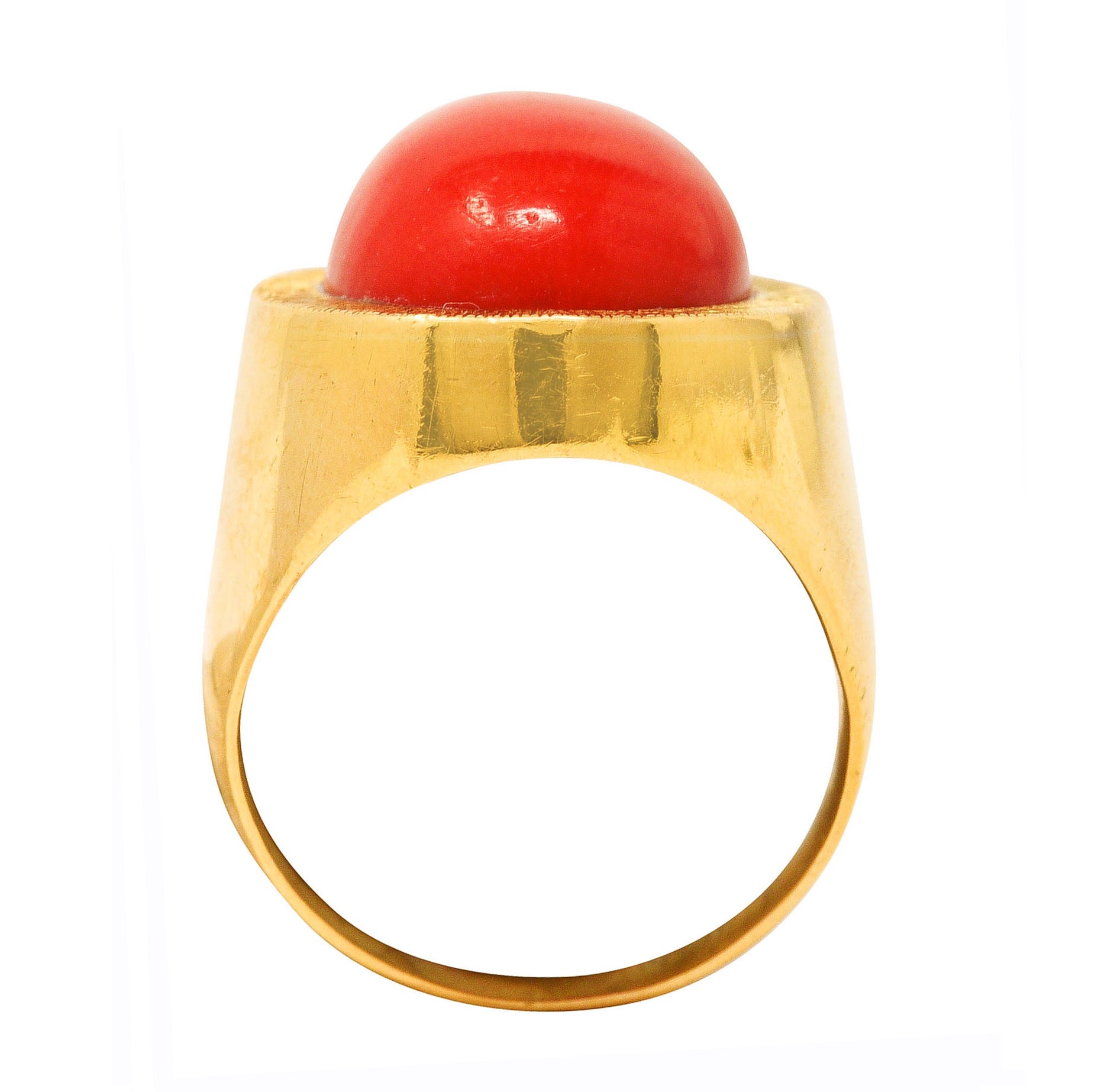 1960's Modernist Vintage Coral 18 Karat Yellow Gold Unisex Cabochon Ring Wilson's Estate Jewelry