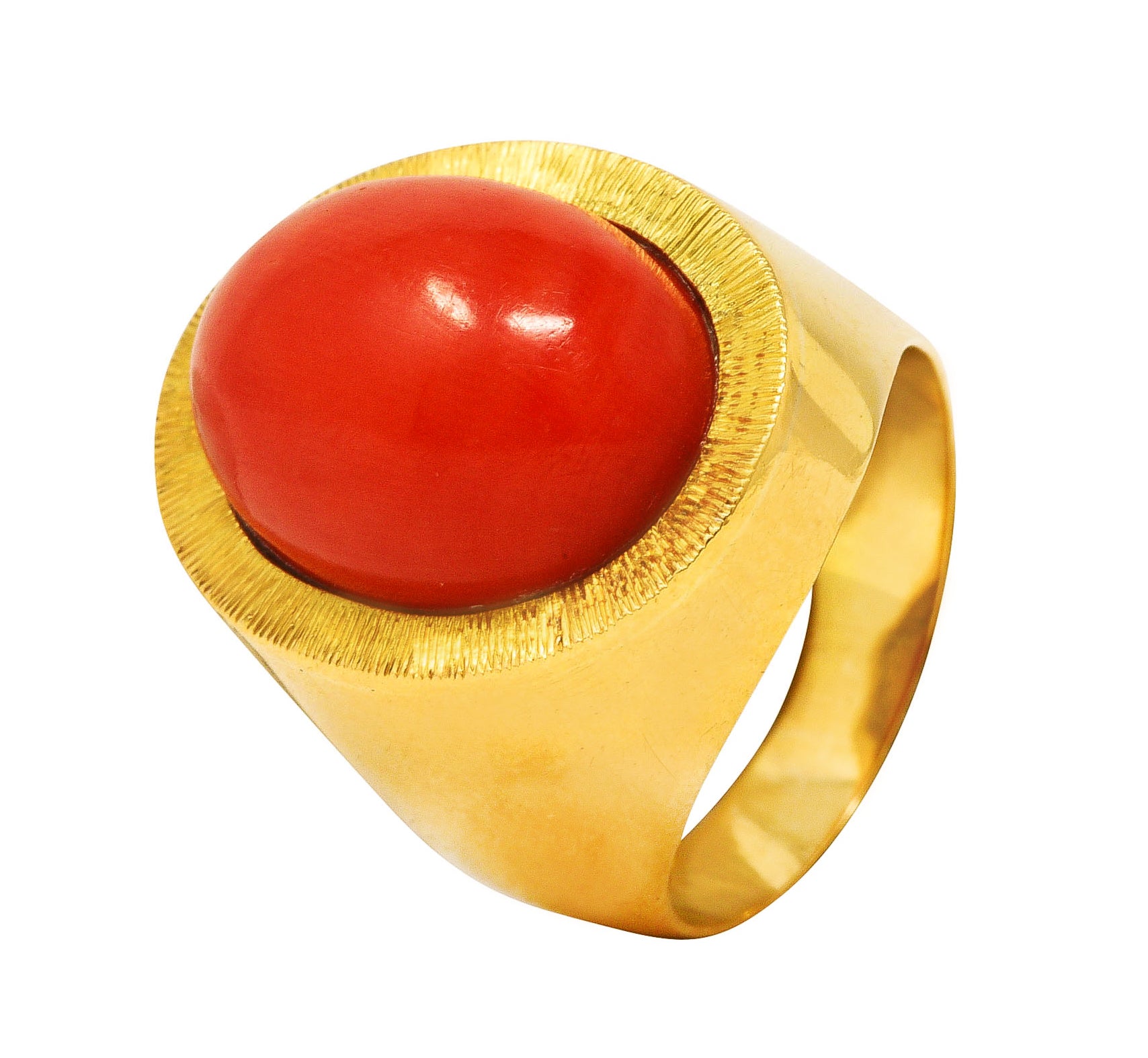 1960's Modernist Vintage Coral 18 Karat Yellow Gold Unisex Cabochon Ring Wilson's Estate Jewelry