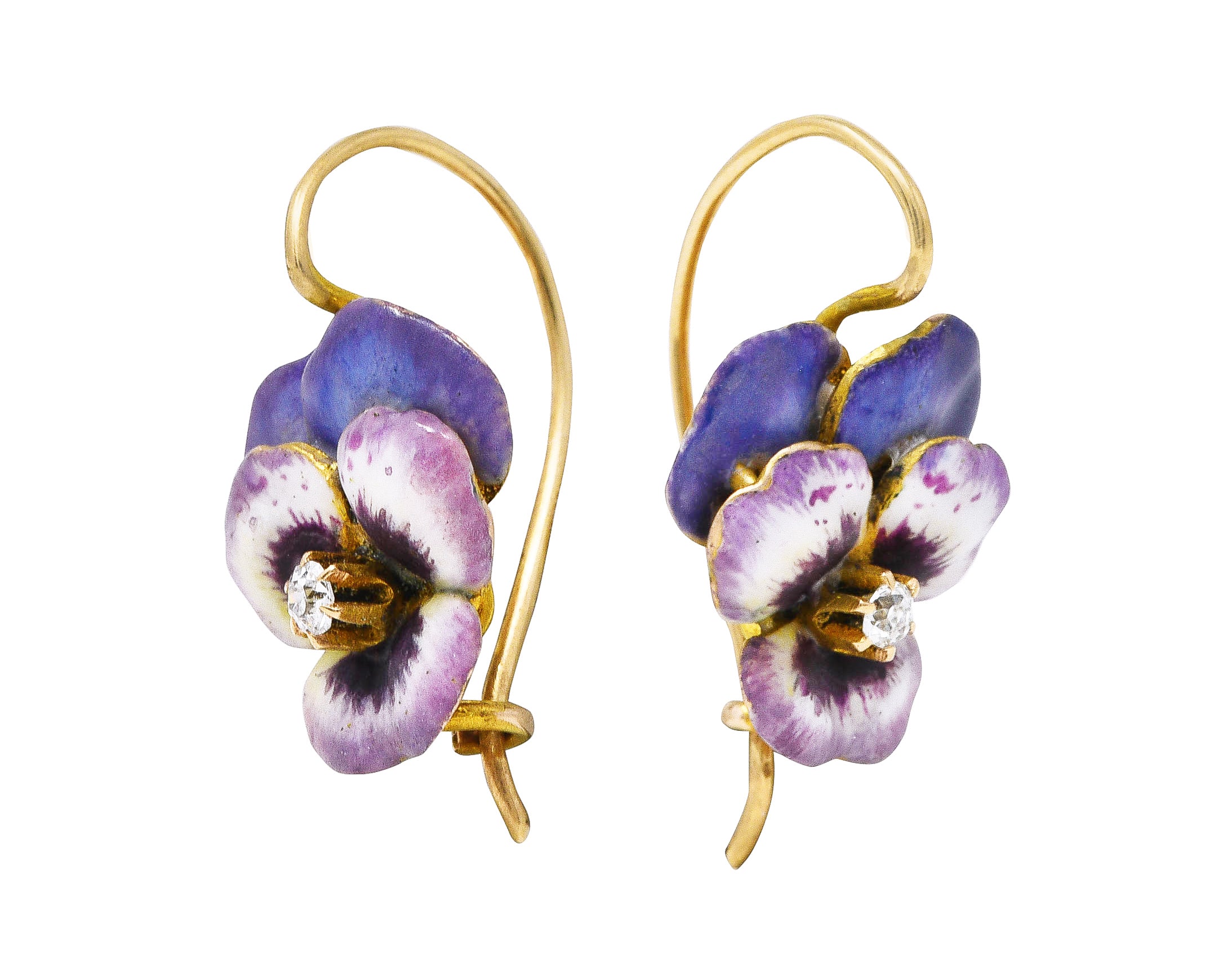 Art Nouveau Diamond Enamel 14 Karat Yellow Gold Pansy Antique Earrings Wilson's Estate Jewelry